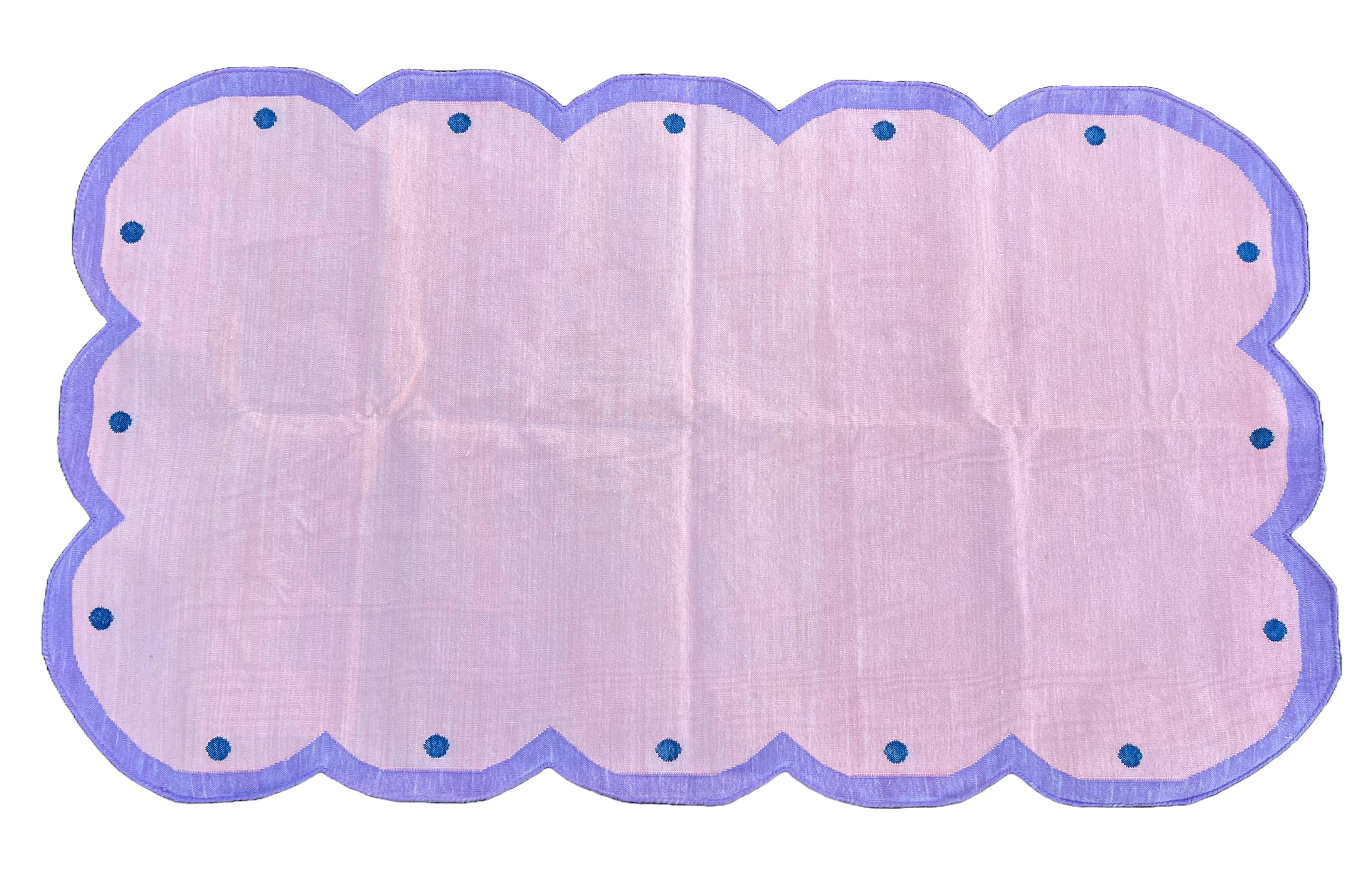 Cotton Vegetable Dyed Light Pink, Blue And Lavender Four Sided Dotted Scalloped Rug-3'x5' (90x150cm) (Scallops runs on all 4 Sides)

These special flat-weave dhurries are hand-woven with 15 ply 100% cotton yarn. Due to the special manufacturing