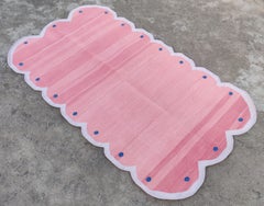 Handmade Cotton Area Flat Weave Rug, 3'x5' Pink, Purple Scalloped Indian Dhurrie