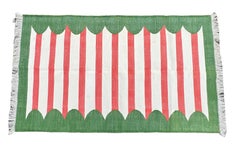 Handmade Cotton Area Flat Weave Rug, 3x5 Red And Green Striped Indian Dhurrie