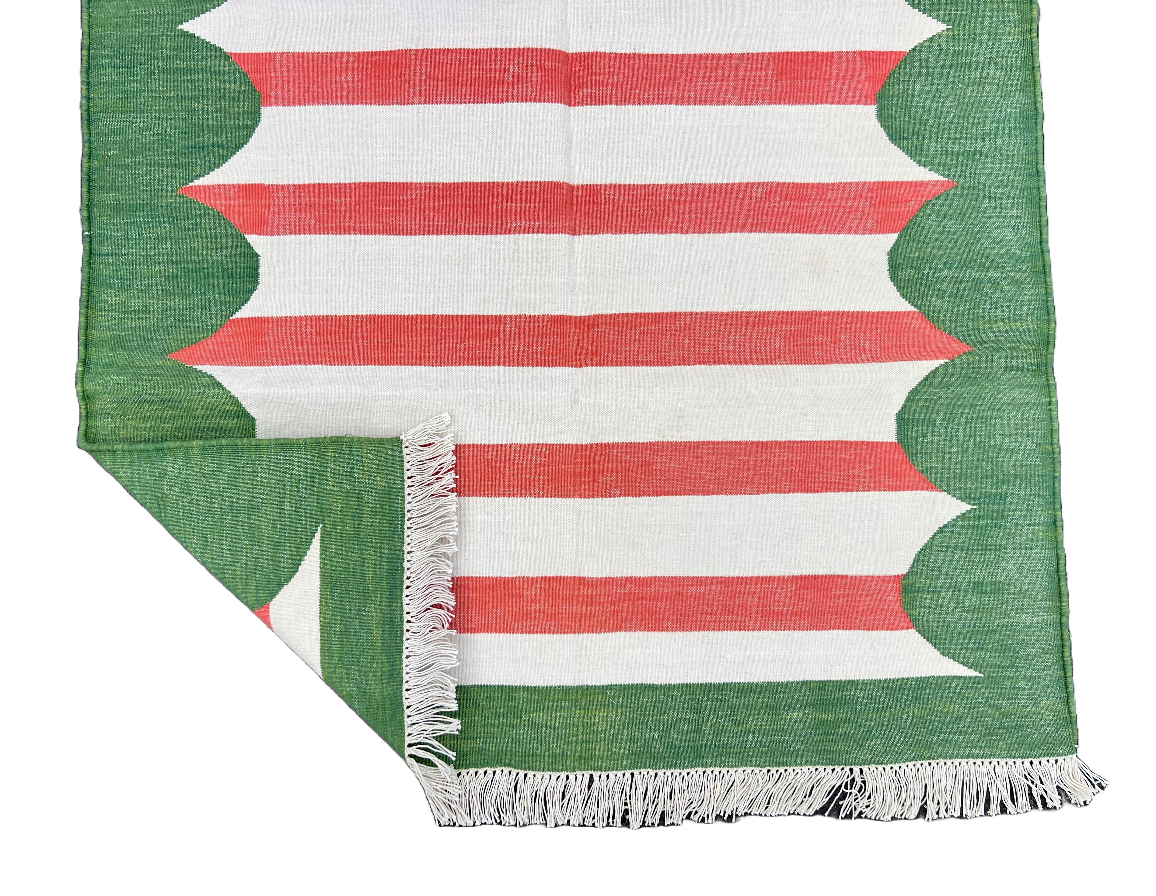 Mid-Century Modern Handmade Cotton Area Flat Weave Rug, 3x5 Red And Green Striped Indian Dhurrie For Sale
