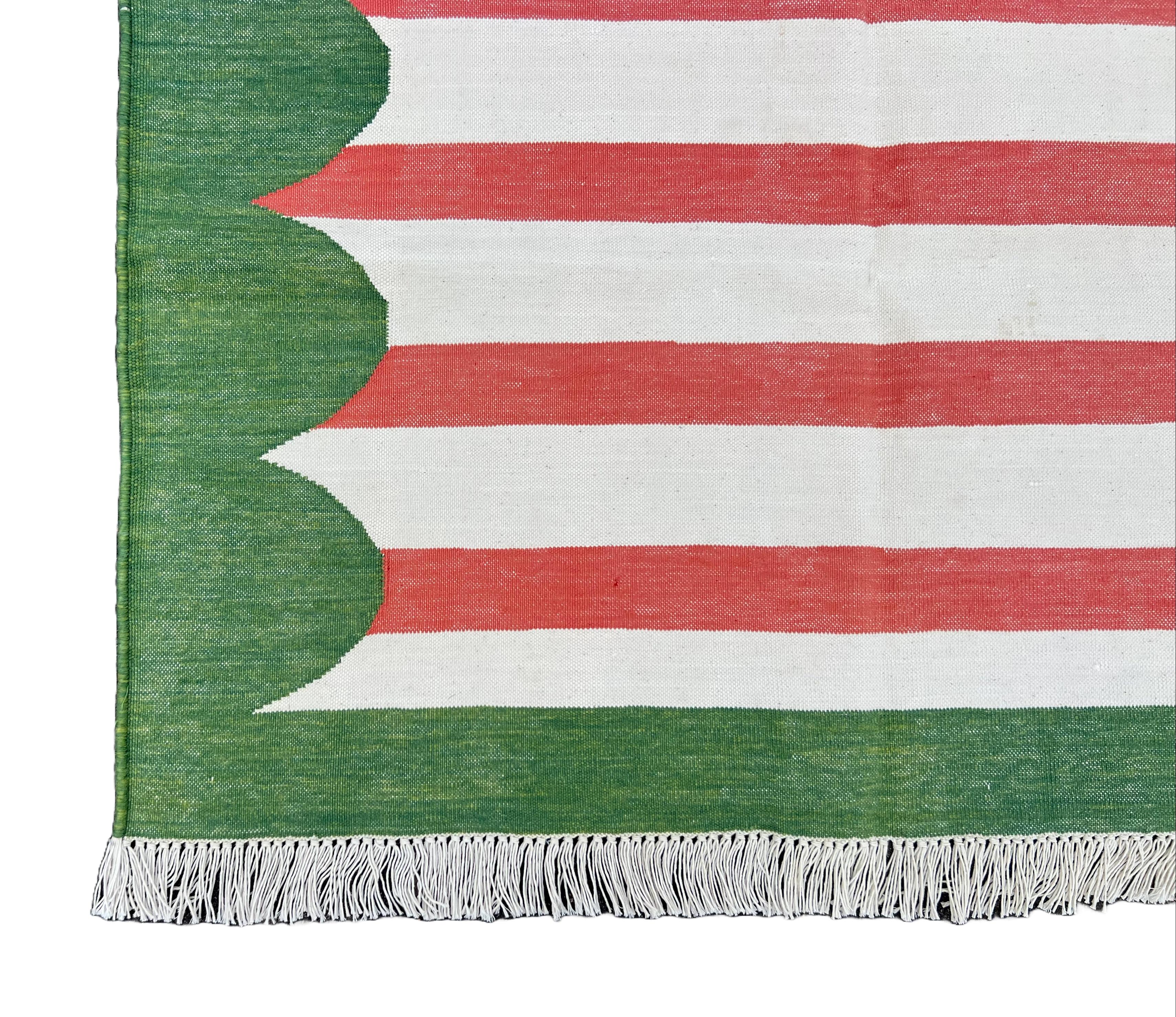 Hand-Woven Handmade Cotton Area Flat Weave Rug, 3x5 Red And Green Striped Indian Dhurrie For Sale