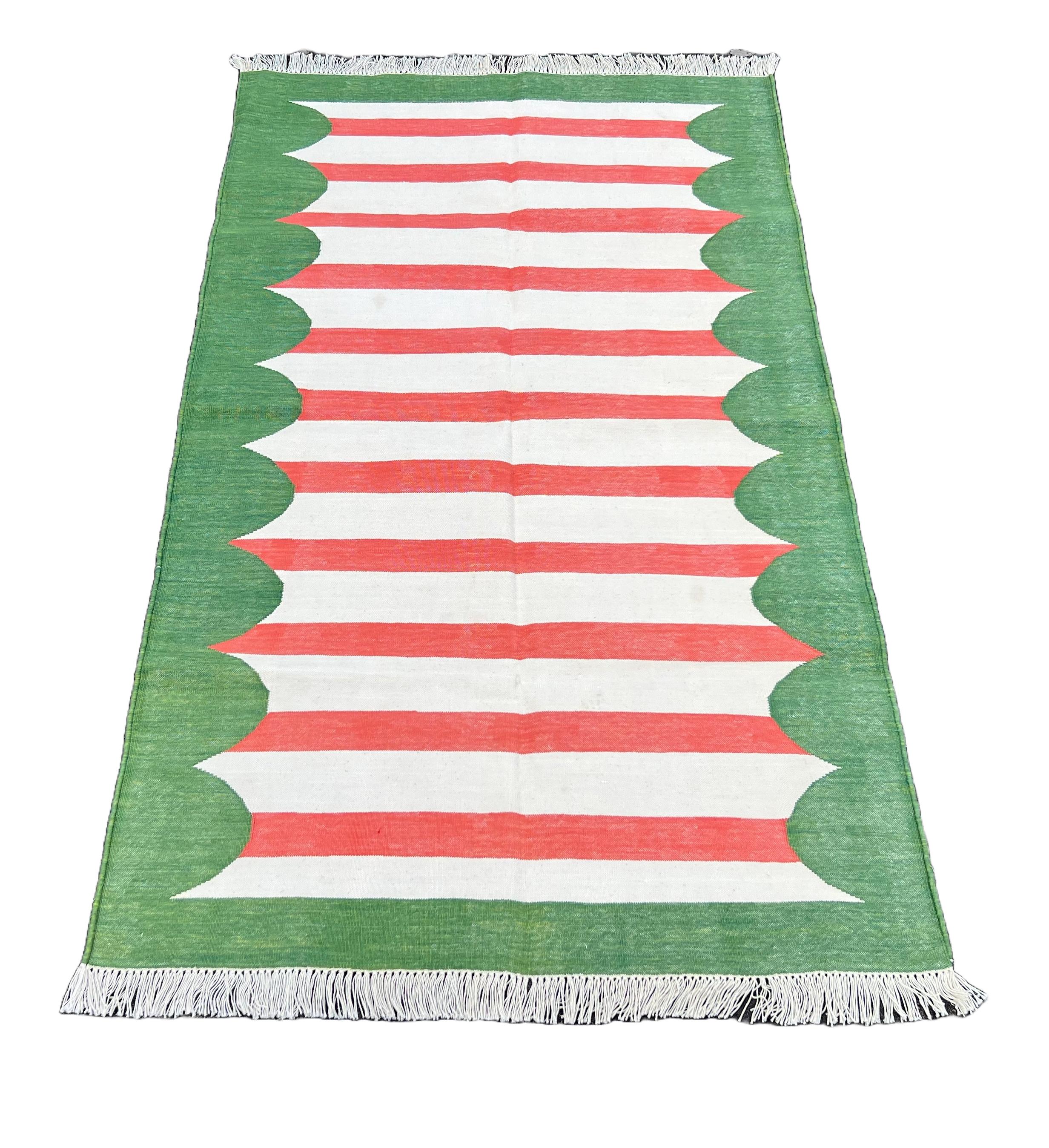Contemporary Handmade Cotton Area Flat Weave Rug, 3x5 Red And Green Striped Indian Dhurrie For Sale