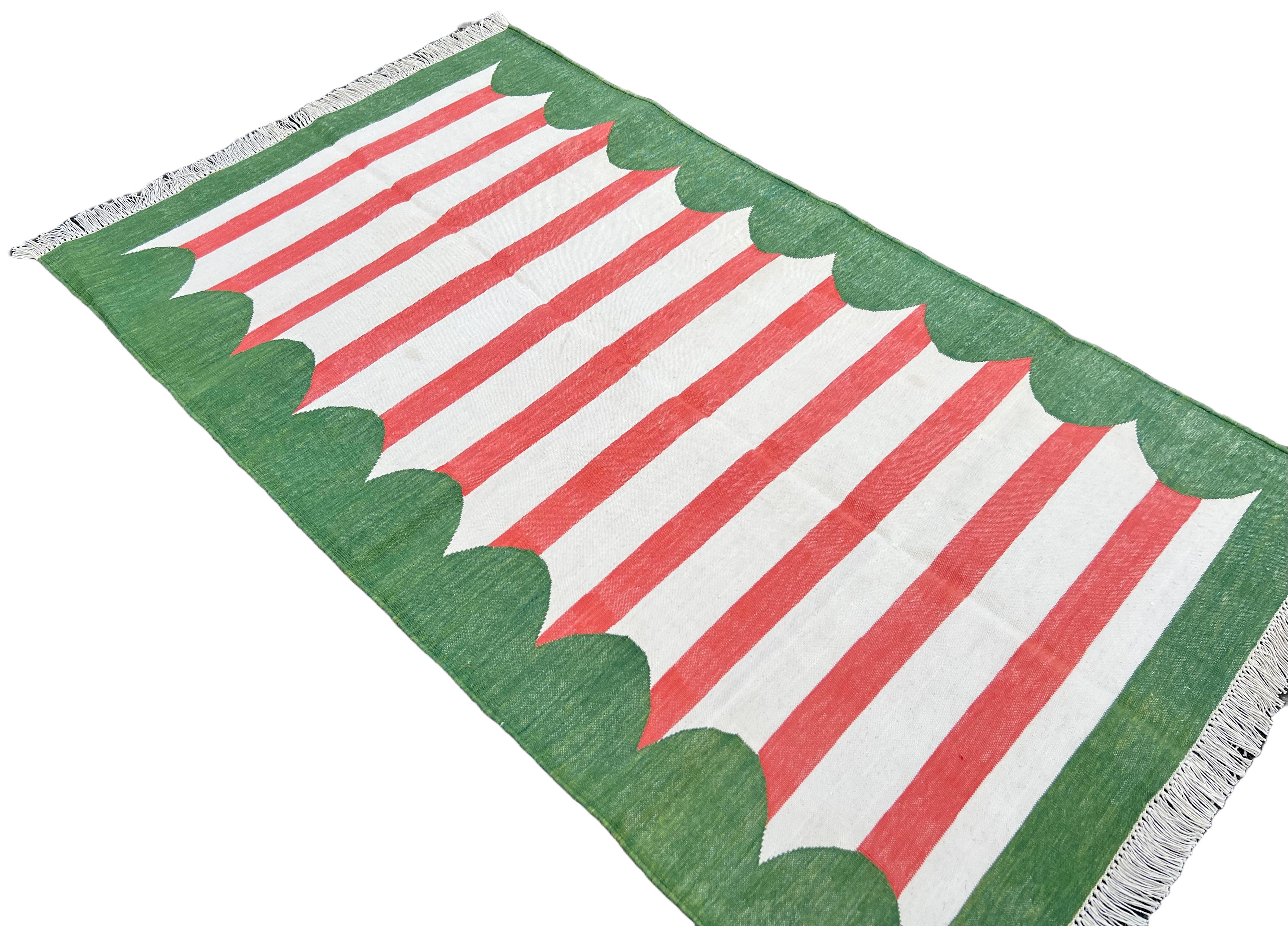 Handmade Cotton Area Flat Weave Rug, 3x5 Red And Green Striped Indian Dhurrie For Sale 1