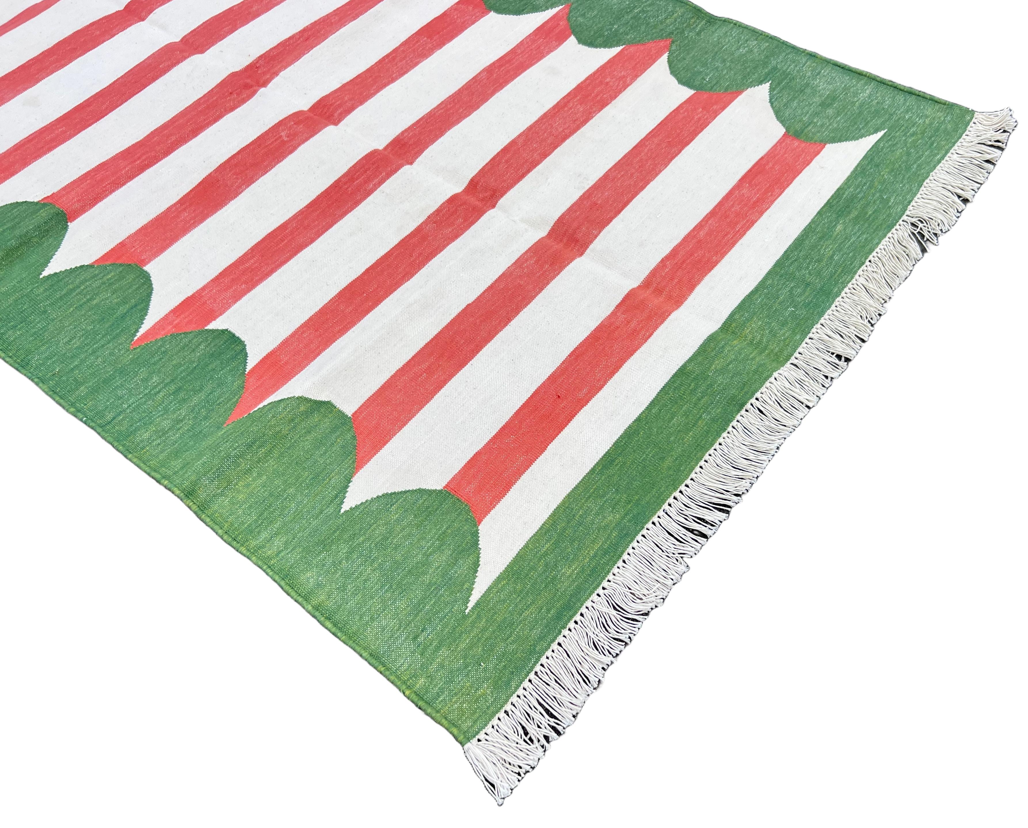 Handmade Cotton Area Flat Weave Rug, 3x5 Red And Green Striped Indian Dhurrie For Sale 2