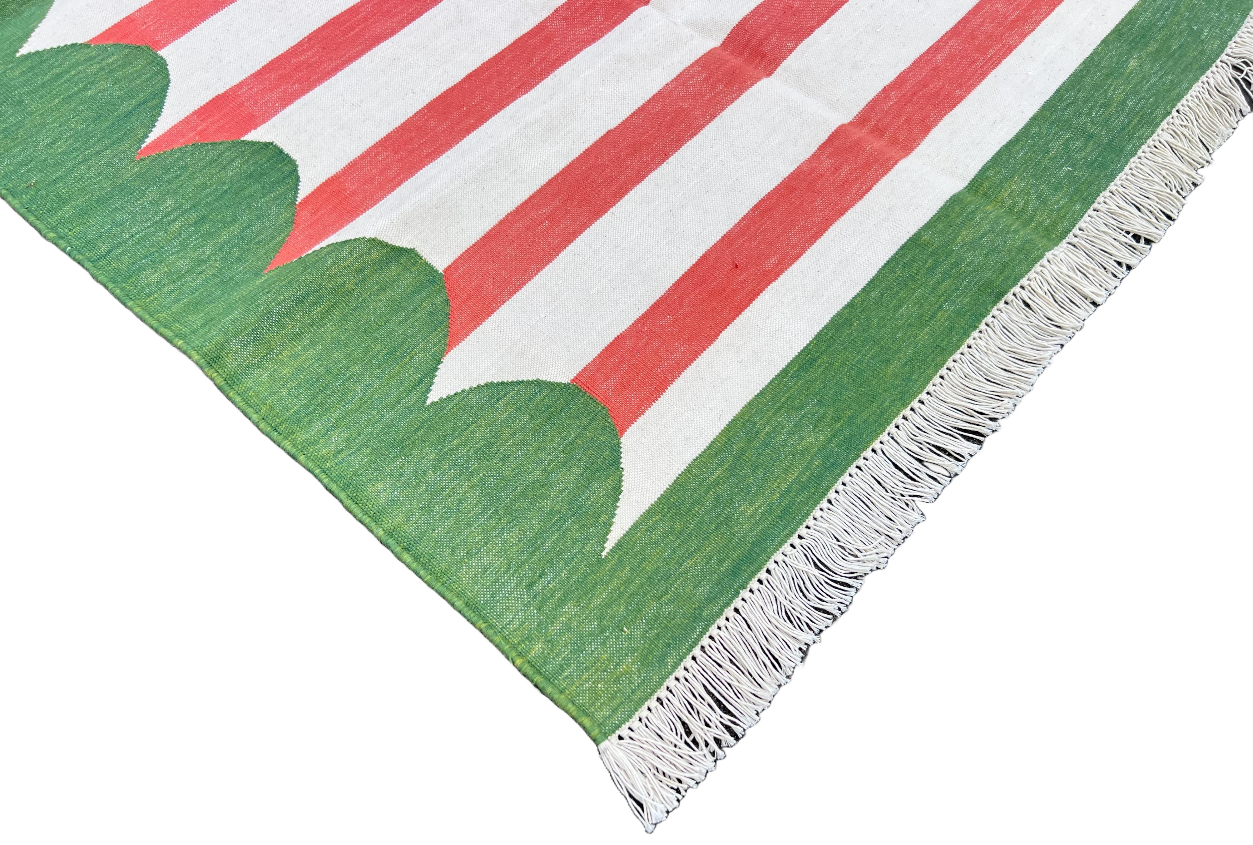 Handmade Cotton Area Flat Weave Rug, 3x5 Red And Green Striped Indian Dhurrie For Sale 3