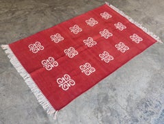 Handmade Cotton Area Flat Weave Rug, 3x5 Red And White Butterfly Indian Dhurrie