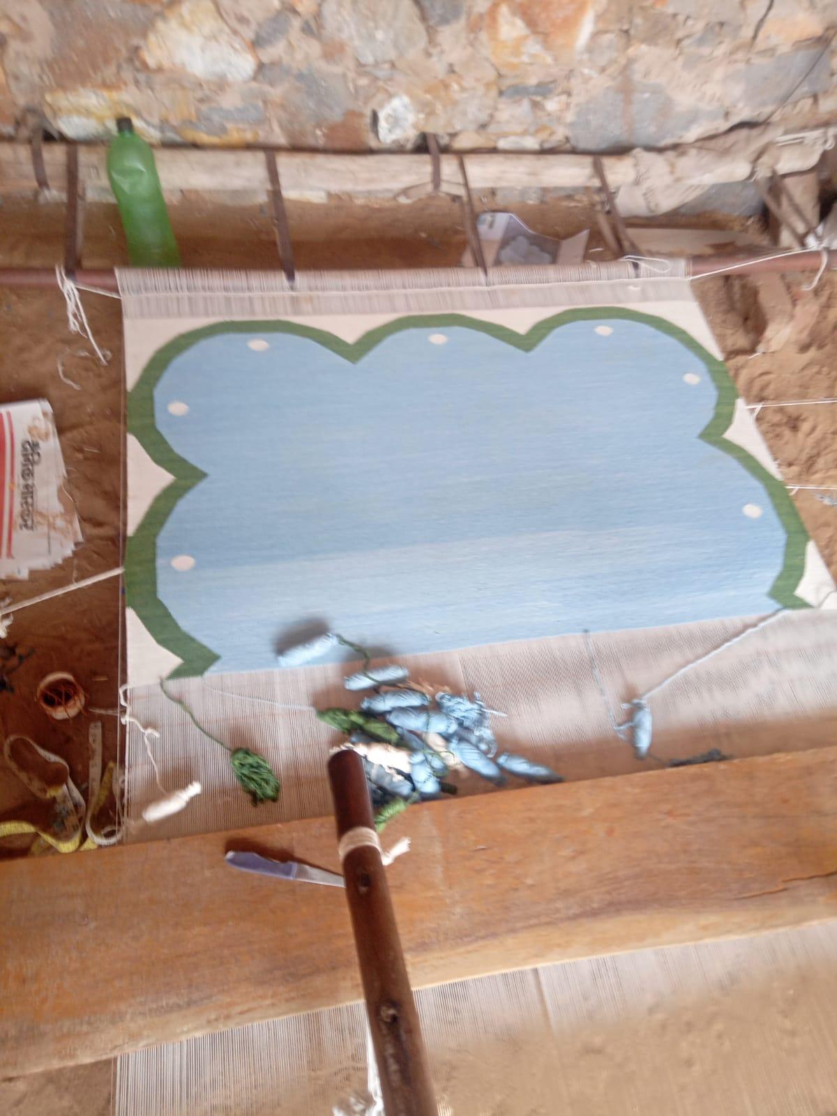 Handmade Cotton Area Flat Weave Rug, 3x5 Sky Blue, Green Scallop Indian Dhurrie For Sale 3
