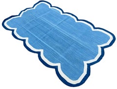 Handmade Cotton Area Flat Weave Rug, 3x5 Sky Blue Scalloped Stripe Kilim Dhurrie