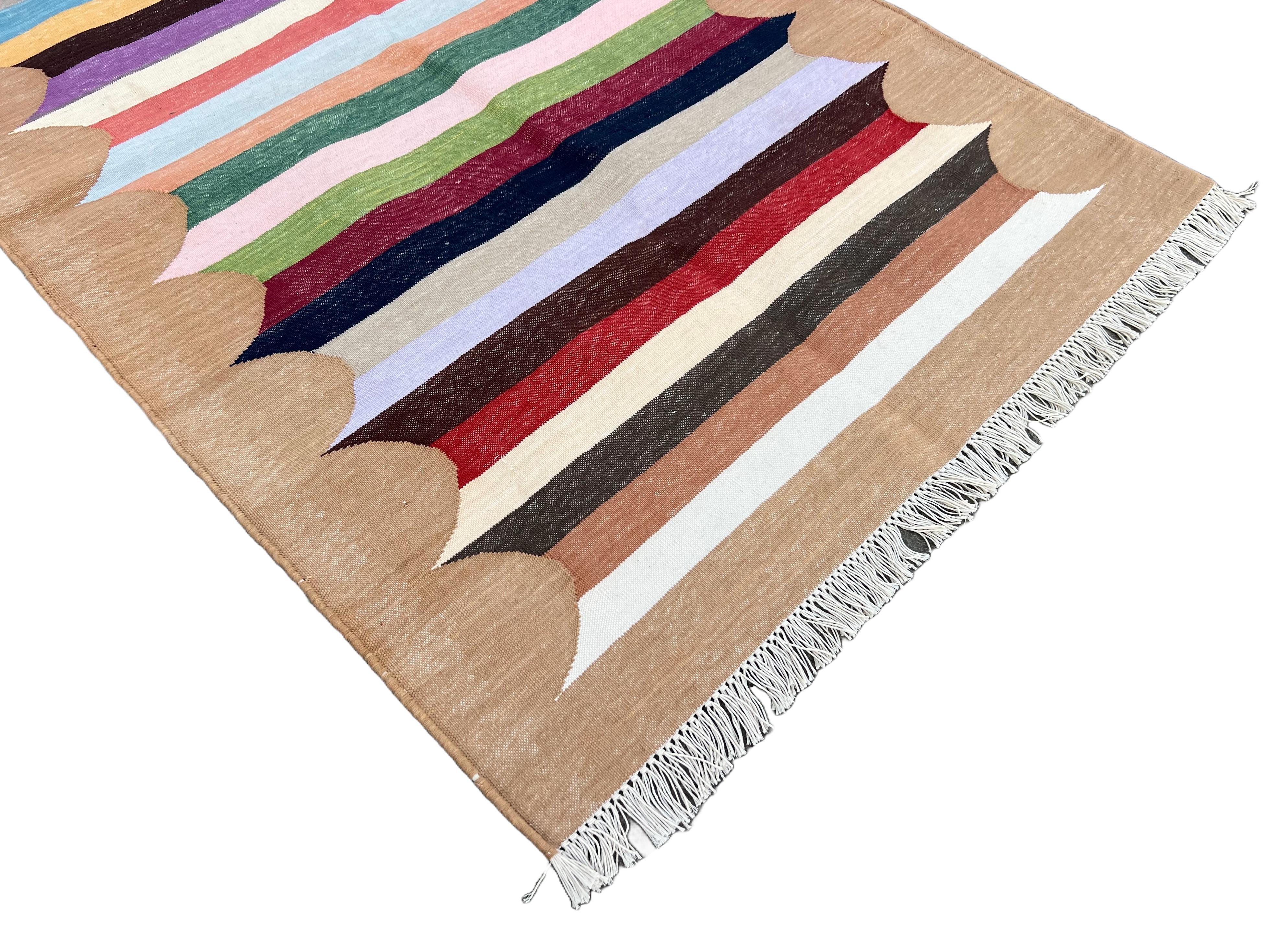 Mid-Century Modern Handmade Cotton Area Flat Weave Rug, 3x5 Tan, White, Red Striped Indian Dhurrie