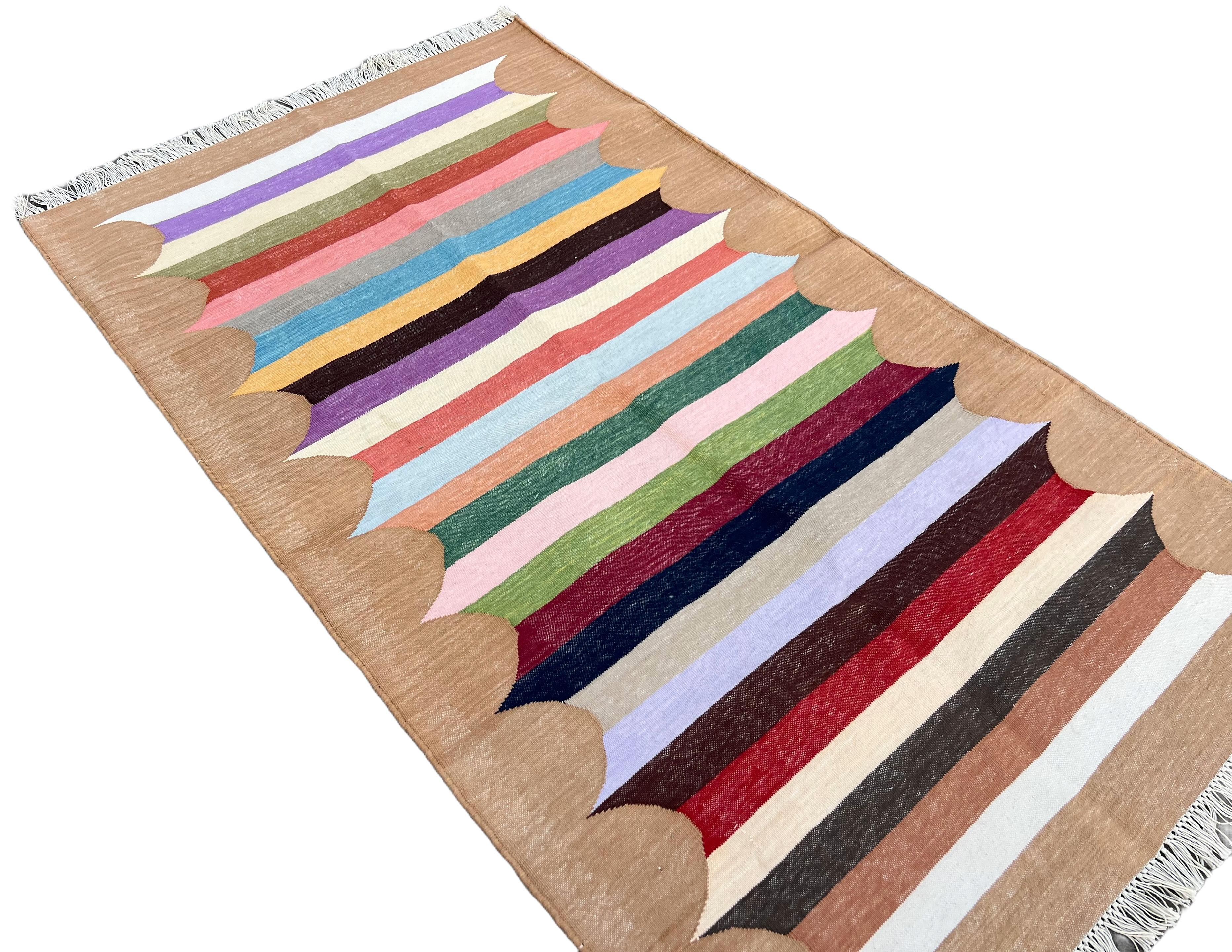 Hand-Woven Handmade Cotton Area Flat Weave Rug, 3x5 Tan, White, Red Striped Indian Dhurrie