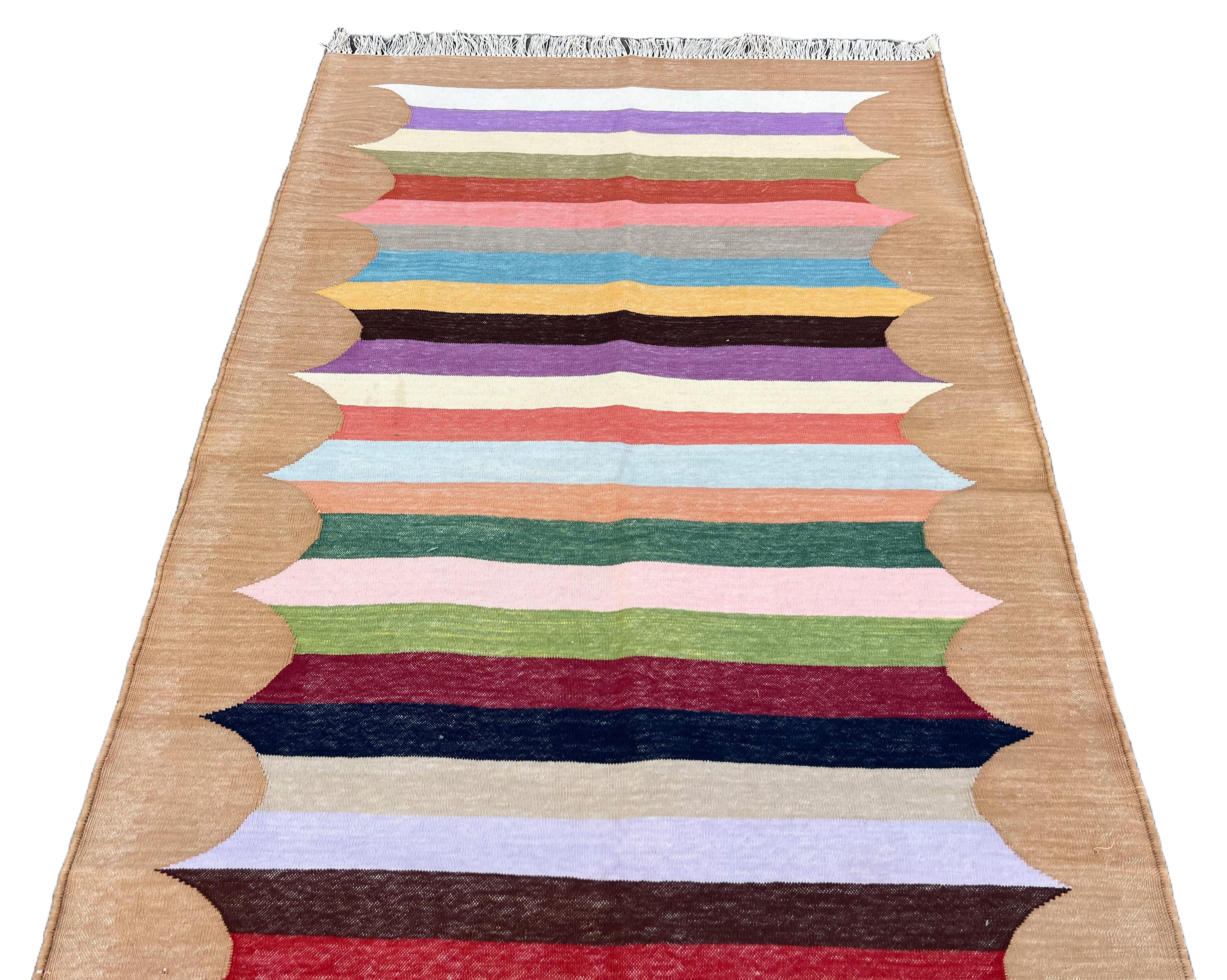 Handmade Cotton Area Flat Weave Rug, 3x5 Tan, White, Red Striped Indian Dhurrie 1