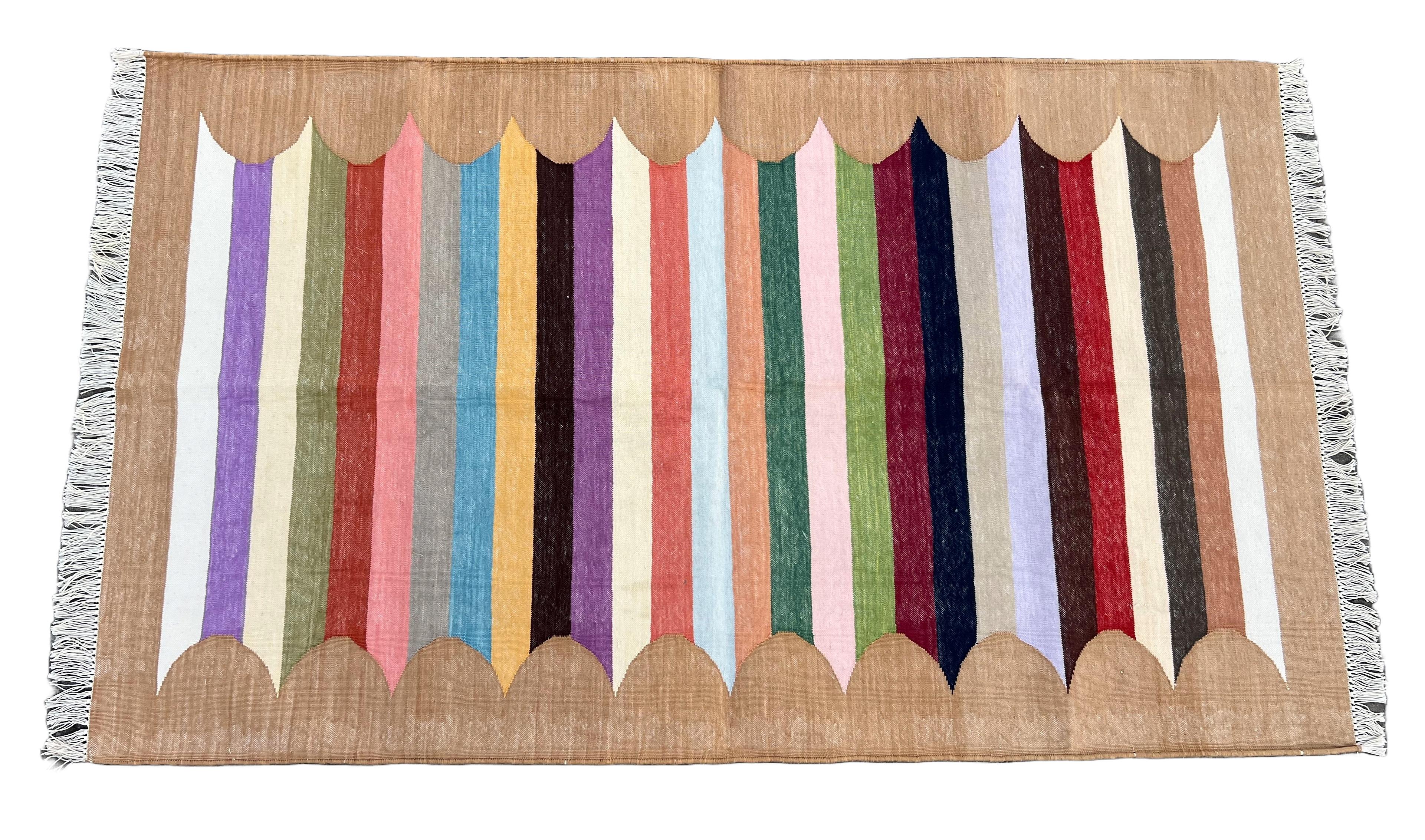 Handmade Cotton Area Flat Weave Rug, 3x5 Tan, White, Red Striped Indian Dhurrie 2
