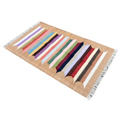 Tapis Dhurrie indien à tissage plat fait à la main, 3x5, brun clair, blanc, rouge rayé