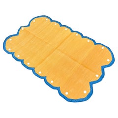 Tapis Dhurrie indien à tissage plat fait à la main, 3x5, jaune et bleu festonné