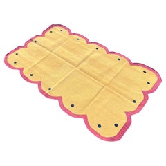 Tapis Dhurrie indien à tissage plat fait à la main, 3x5, jaune et rose festonné