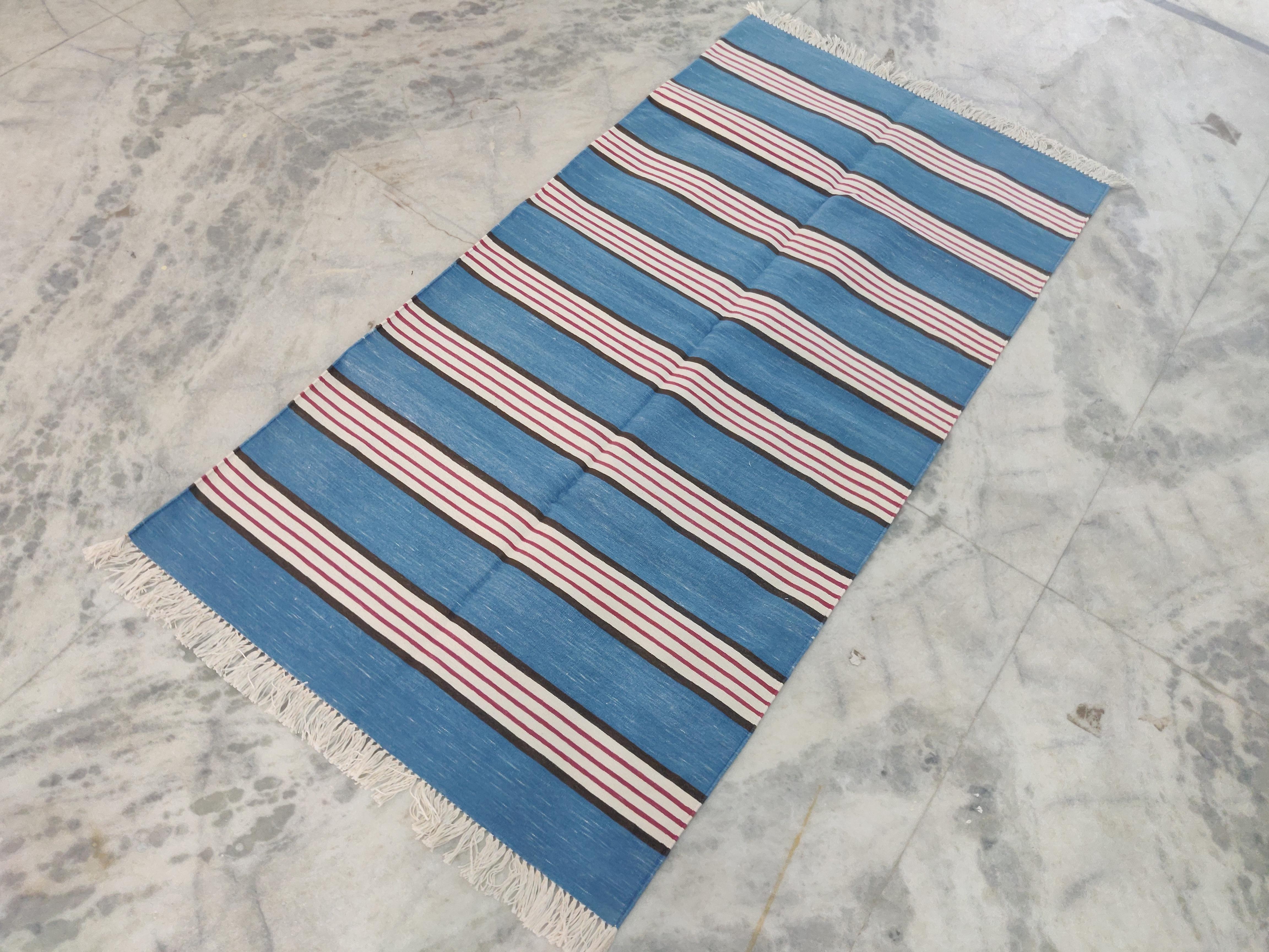 Cotton Vegetable Dyed Sky Blue, Pink And Brown Striped Indian Dhurrie Rug-36