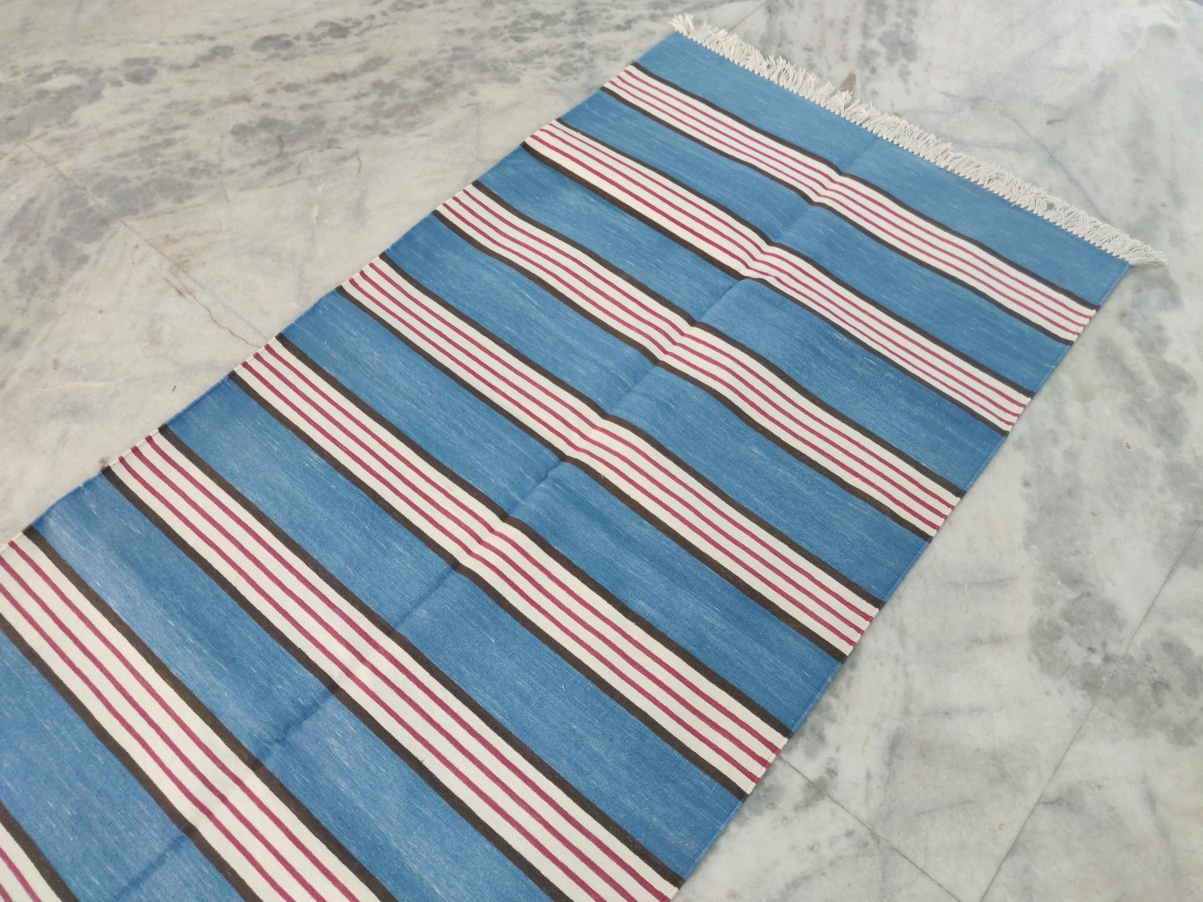 Hand-Woven Handmade Cotton Area Flat Weave Rug, 3x6 Blue And Pink Striped Indian Dhurrie For Sale