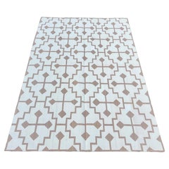 Tappeto a tessitura piatta in cotone fatto a mano, 4x6 Beige e crema a quadri indiani Dhurrie