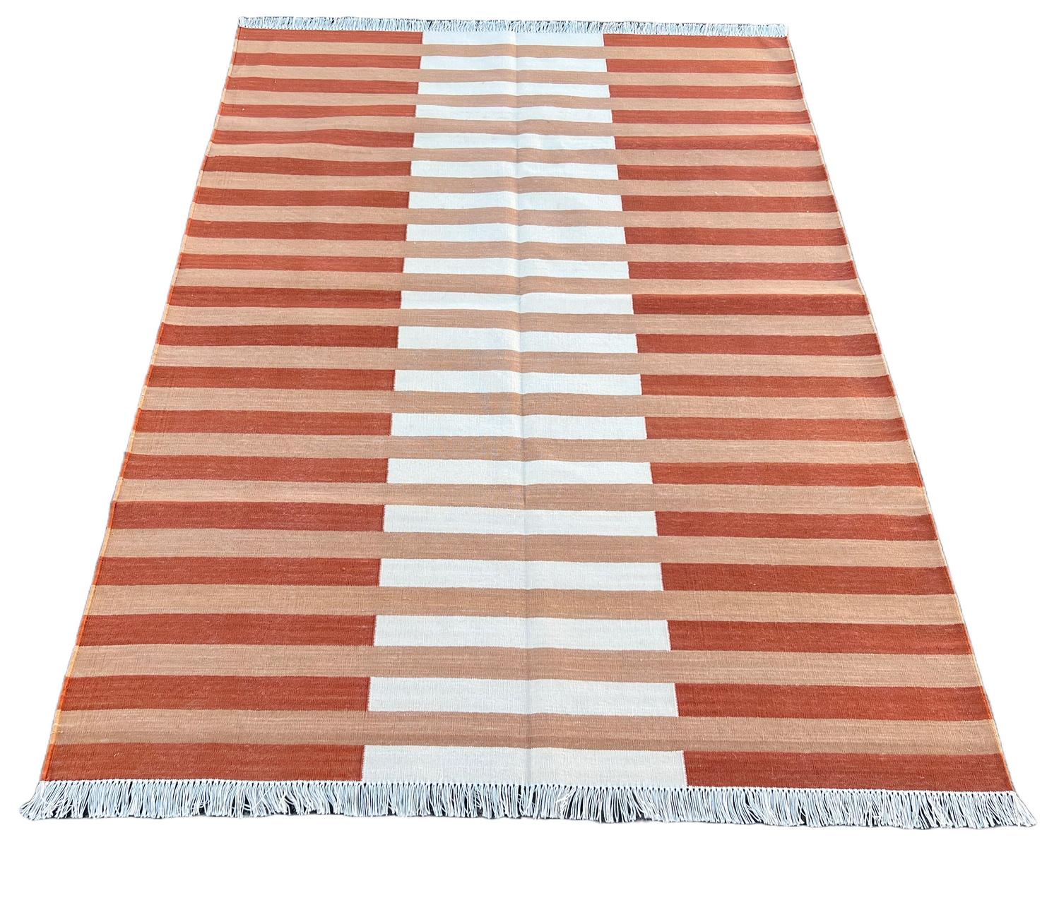 Contemporary Handmade Cotton Area Flat Weave Rug, 4x6 Beige And Cream Striped Indian Dhurrie For Sale
