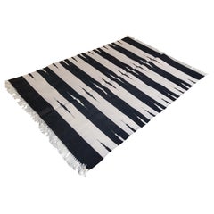 Handmade Cotton Area Flat Weave Rug, 4x6 Black And White Striped Indian Dhurrie