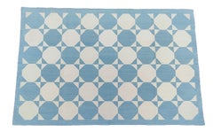 Handmade Cotton Area Flat Weave Rug, 4x6 Blue And Cream Geometric Indian Dhurrie