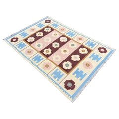 Handmade Cotton Area Flat Weave Rug, 4x6 Blue And Cream Geometric Indian Dhurrie
