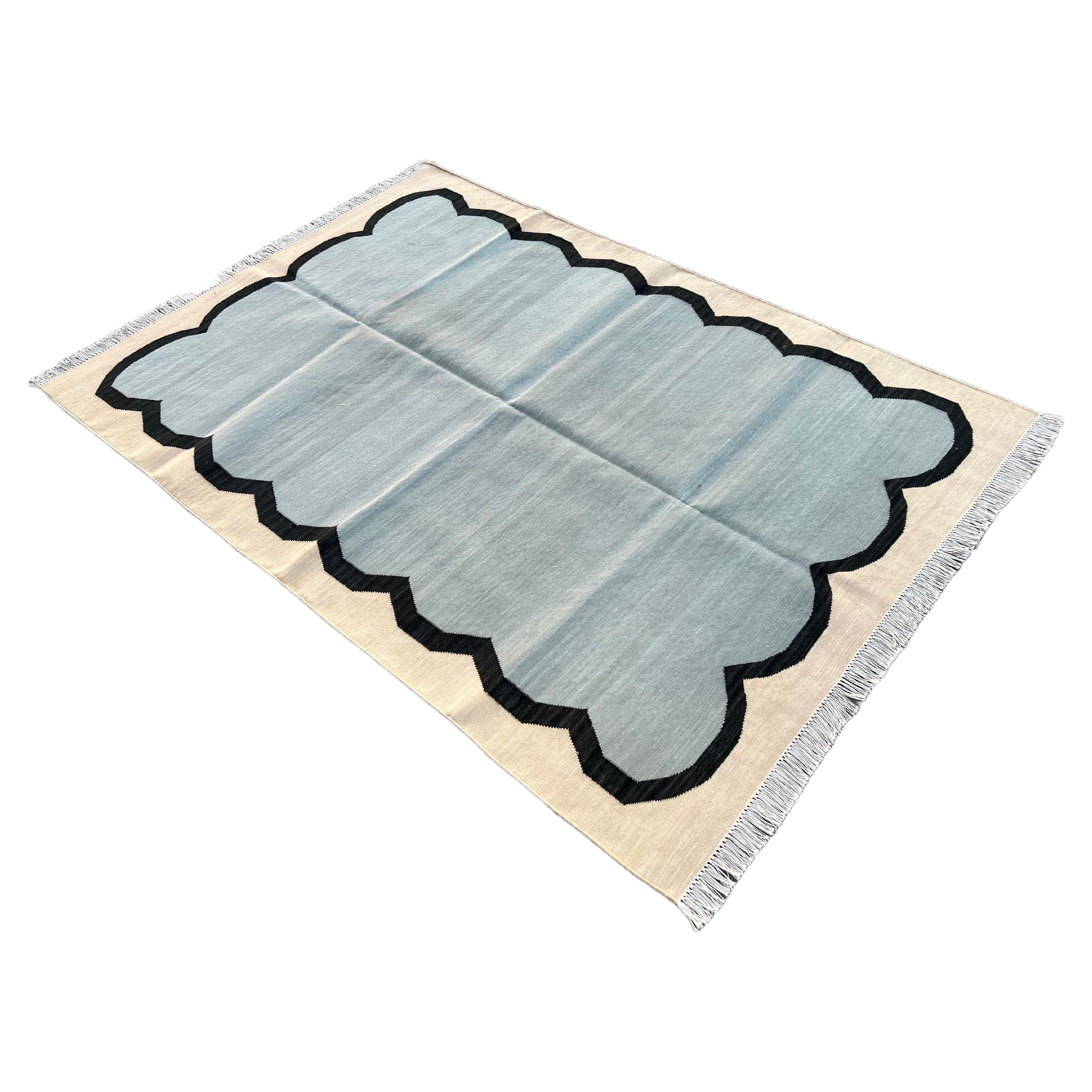 Handmade Cotton Area Flat Weave Rug, 4x6 Blue And Cream Scallop Striped Dhurrie For Sale