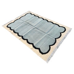 Handmade Cotton Area Flat Weave Rug, 4x6 Blue And Cream Scallop Striped Dhurrie