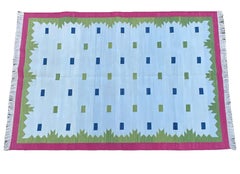 Handmade Cotton Area Flat Weave Rug, 4x6 Blue And Green Geometric Indian Dhurrie