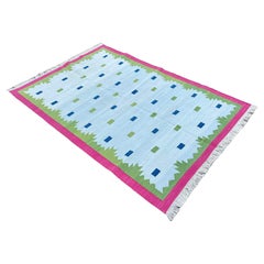 Tappeto a tessitura piatta in cotone fatto a mano, 4x6 Blu e Verde Geometrico Indiano Dhurrie