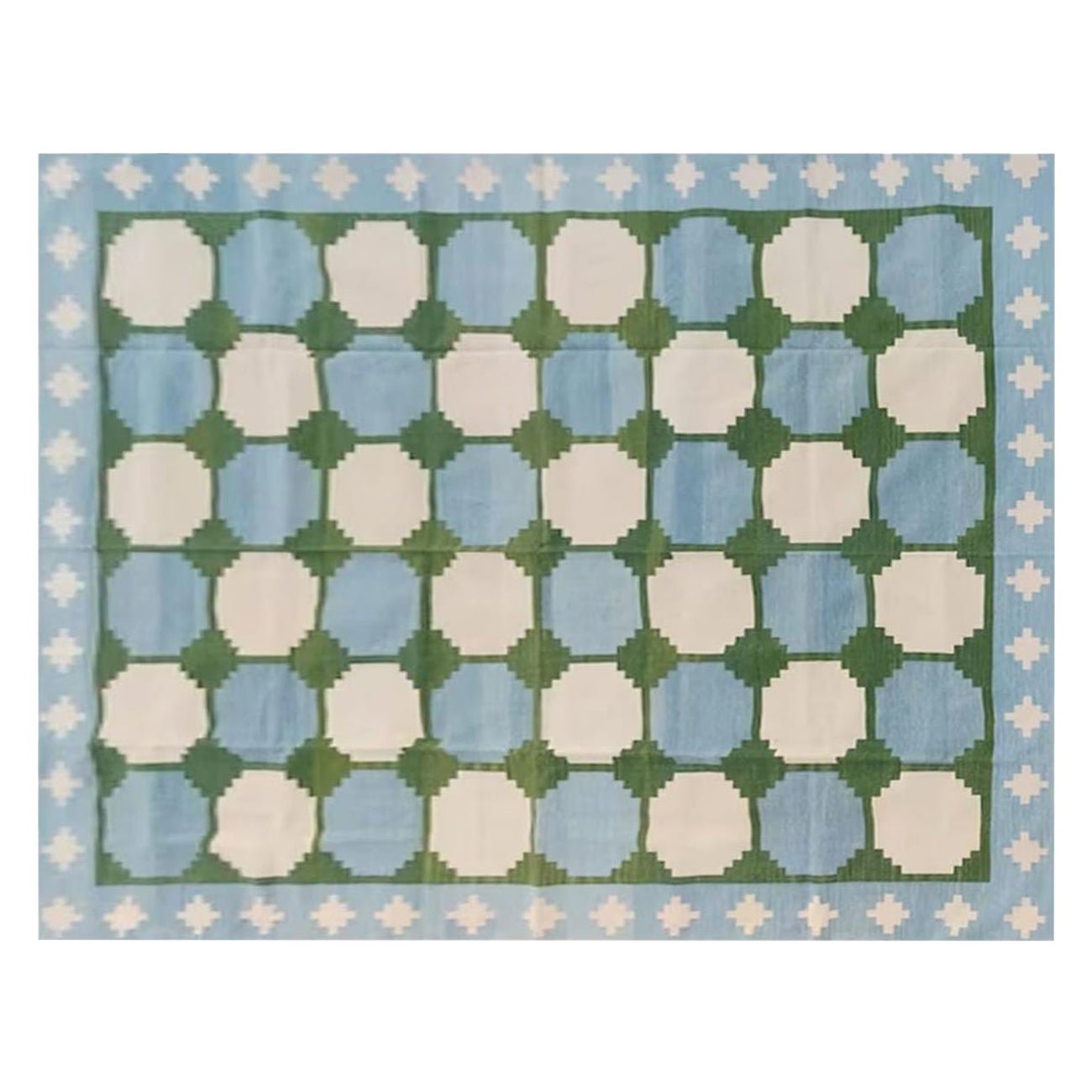 Handgefertigter flacher Teppich aus Baumwolle mit Flachgewebe, 4x6 Blauer und grüner Kachel, indischer Dhurrie-Teppich