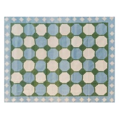Handmade Cotton Area Flat Weave Rug, 4x6 Blue And Green Tile Indian Dhurrie Rug