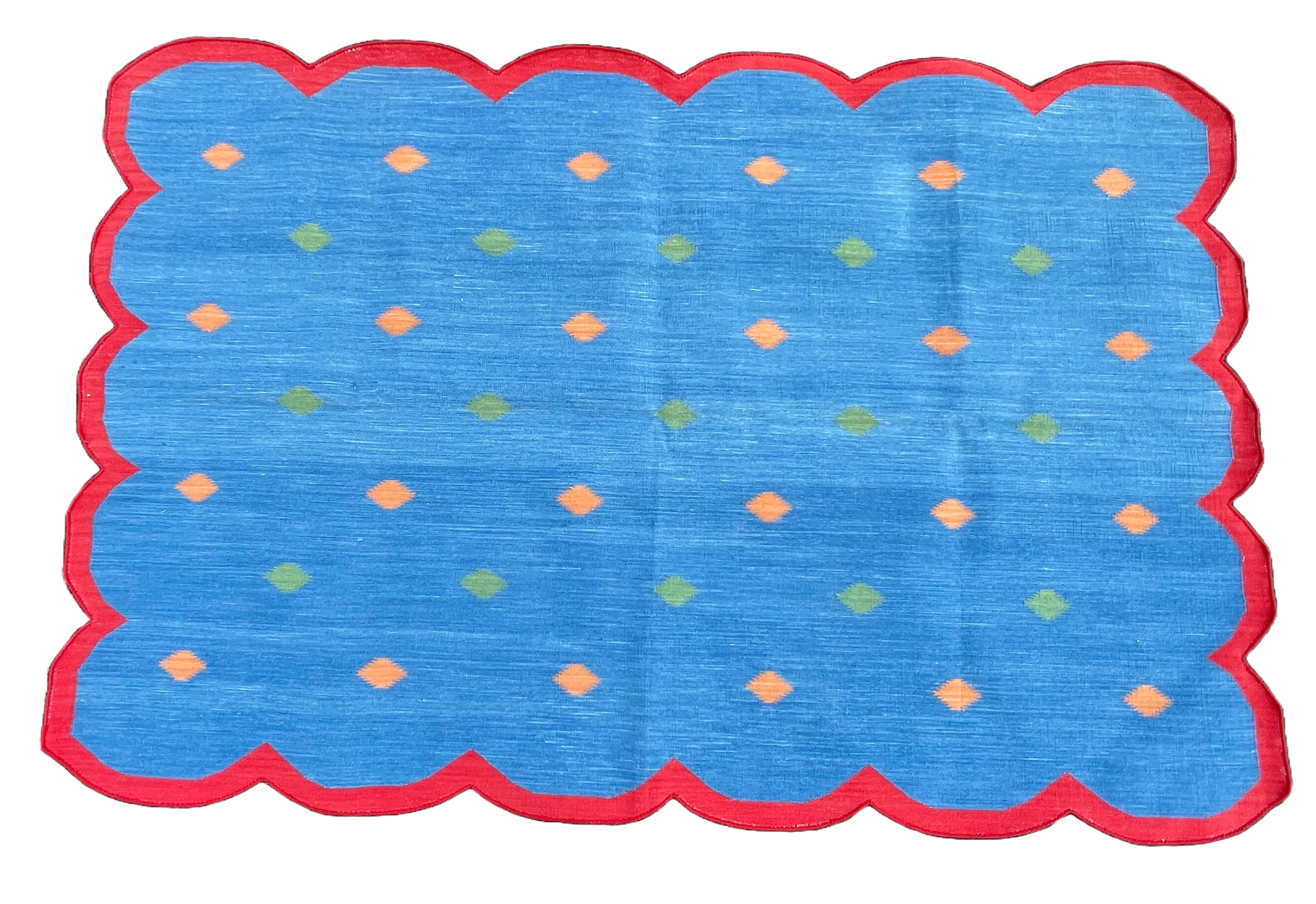 Cotton Natural Vegetable Dyed, Sky Blue, Green, Orange And Red Border Diamond Scalloped Edge Indian Rug - 4'x6' (120x180cm)

These special flat-weave dhurries are hand-woven with 15 ply 100% cotton yarn. Due to the special manufacturing techniques