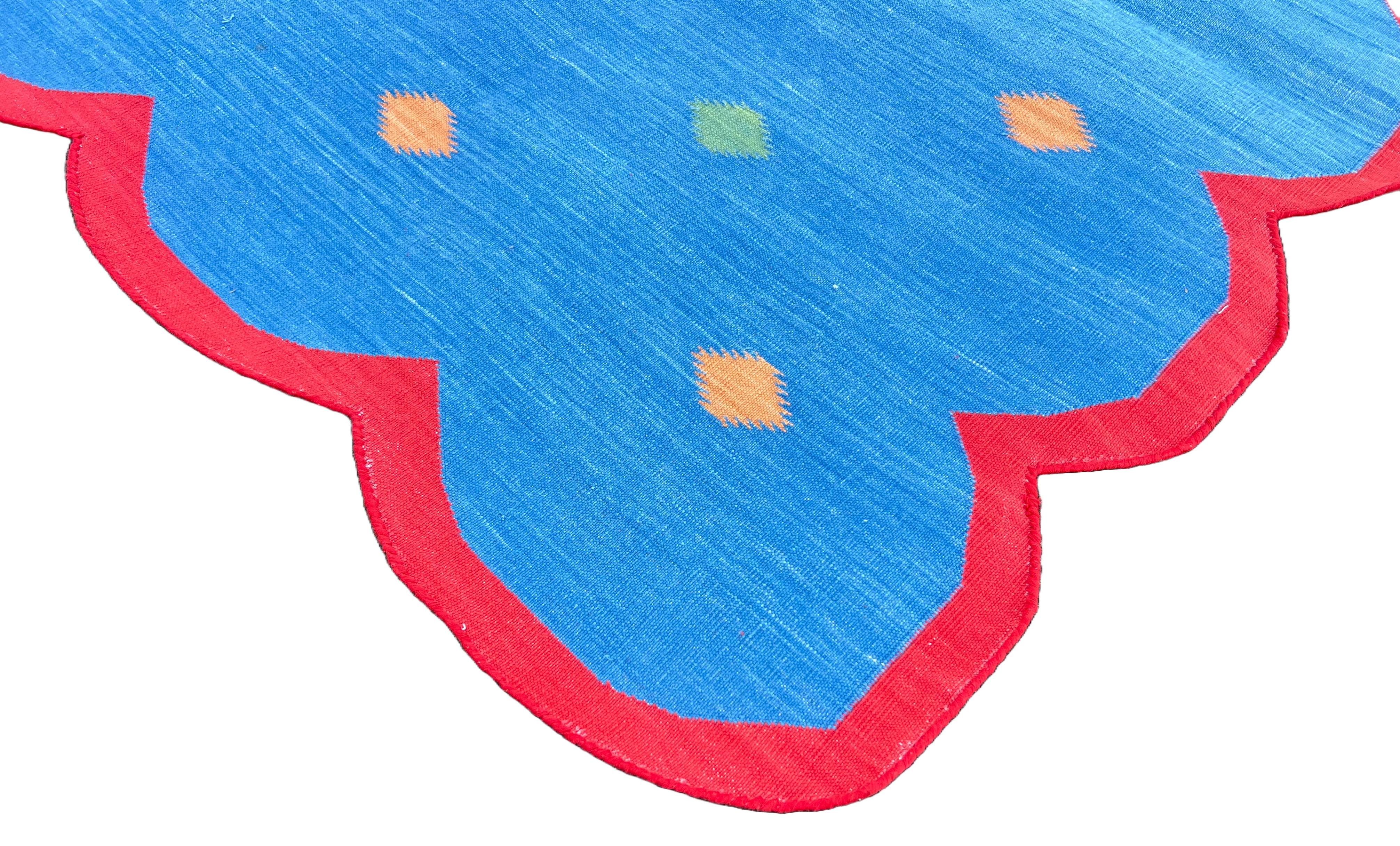 Mid-Century Modern Handmade Cotton Area Flat Weave Rug, 4x6 Blue And Red Diamond Scalloped Dhurrie For Sale