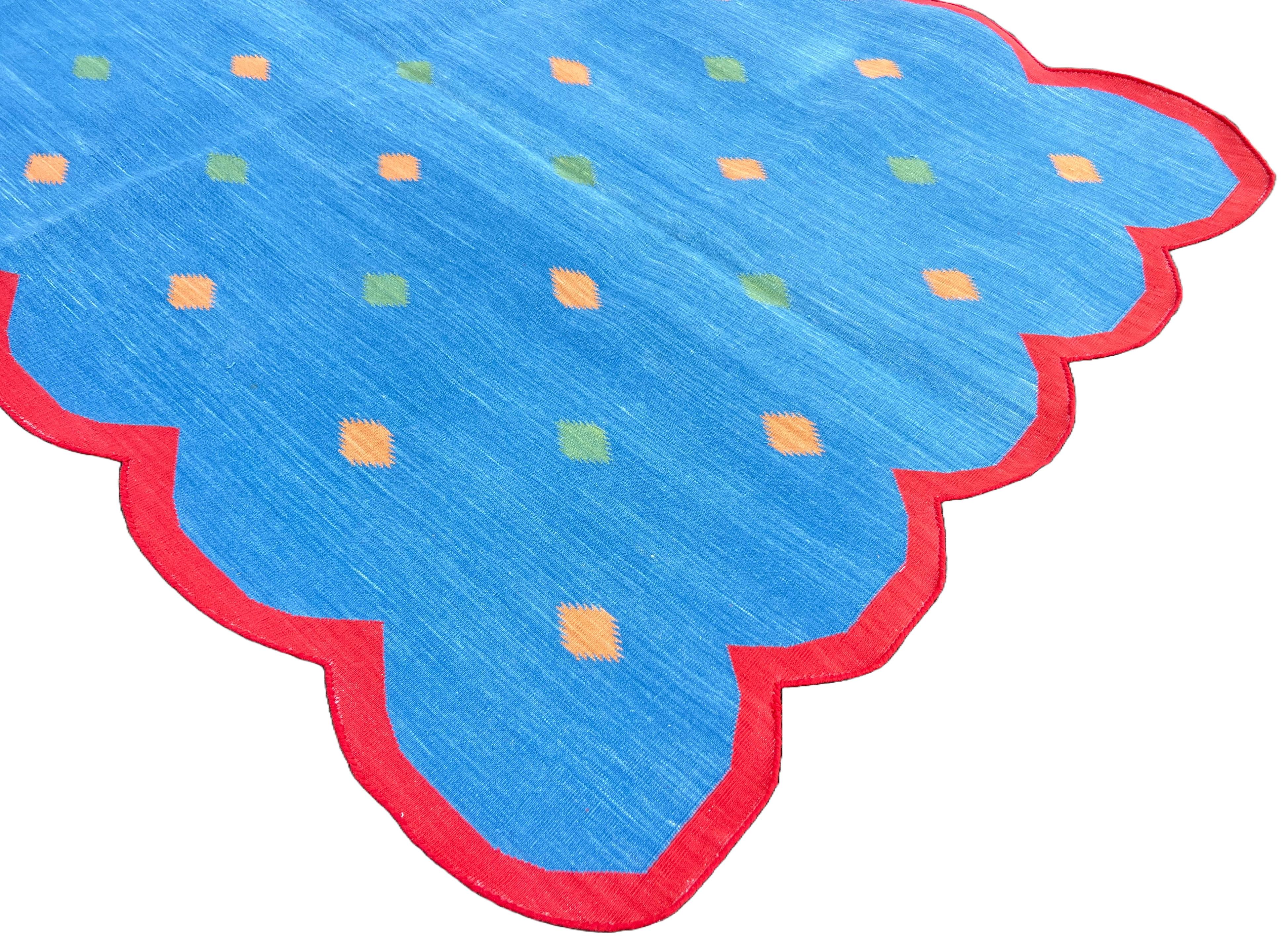 Indian Handmade Cotton Area Flat Weave Rug, 4x6 Blue And Red Diamond Scalloped Dhurrie For Sale