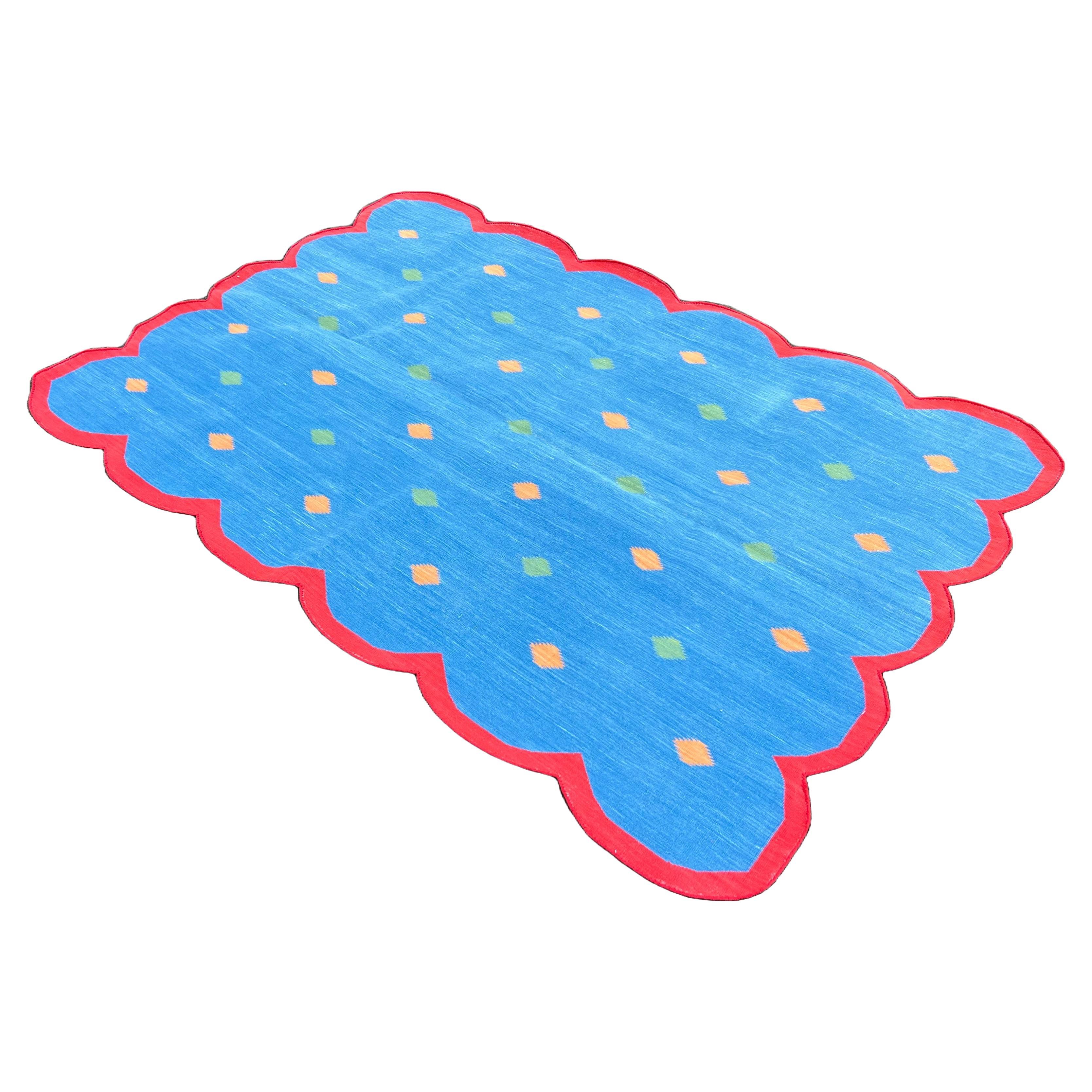 Handmade Cotton Area Flat Weave Rug, 4x6 Blue And Red Diamond Scalloped Dhurrie For Sale