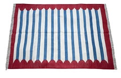Alfombra de algodón hecha a mano de tejido plano, 4x6 Alfombra india Dhurrie de rayas azules y rojas