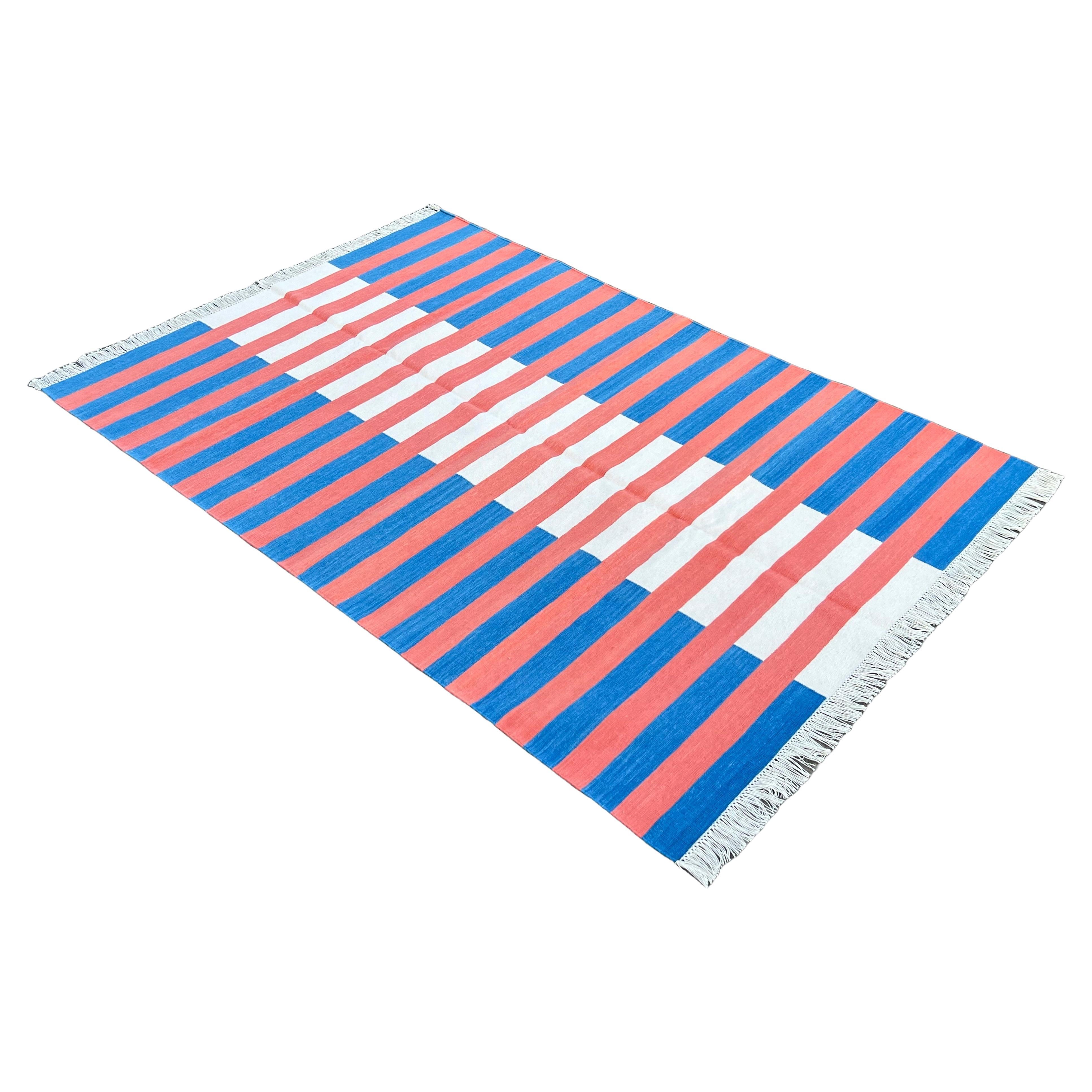 Handmade Cotton Area Flat Weave Rug, 4x6 Blue And Red Striped Indian Dhurrie Rug