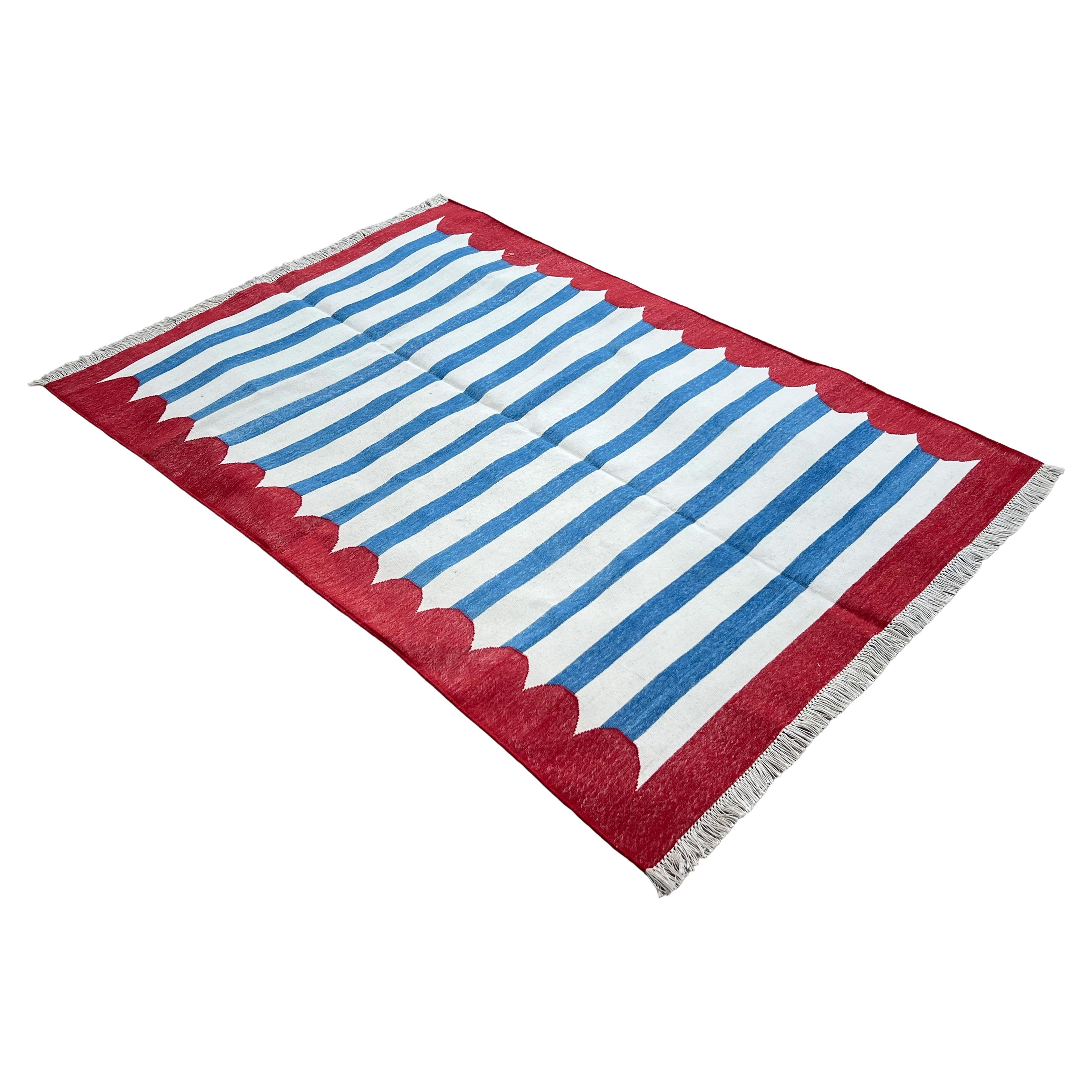 Handmade Cotton Area Flat Weave Rug, 4x6 Blue And Red Striped Indian Dhurrie Rug