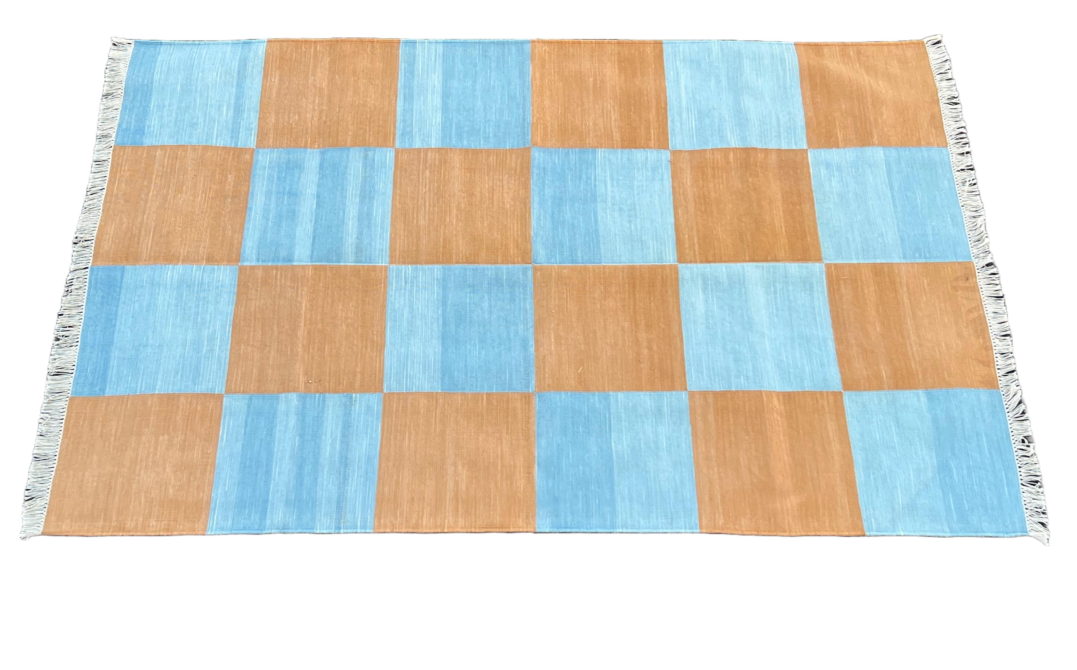 Handmade Cotton Area Flat Weave Rug, 4x6 Blue And Tan Checked Indian Dhurrie Rug For Sale 4