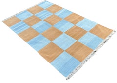 Handmade Cotton Area Flat Weave Rug, 4x6 Blue And Tan Checked Indian Dhurrie Rug