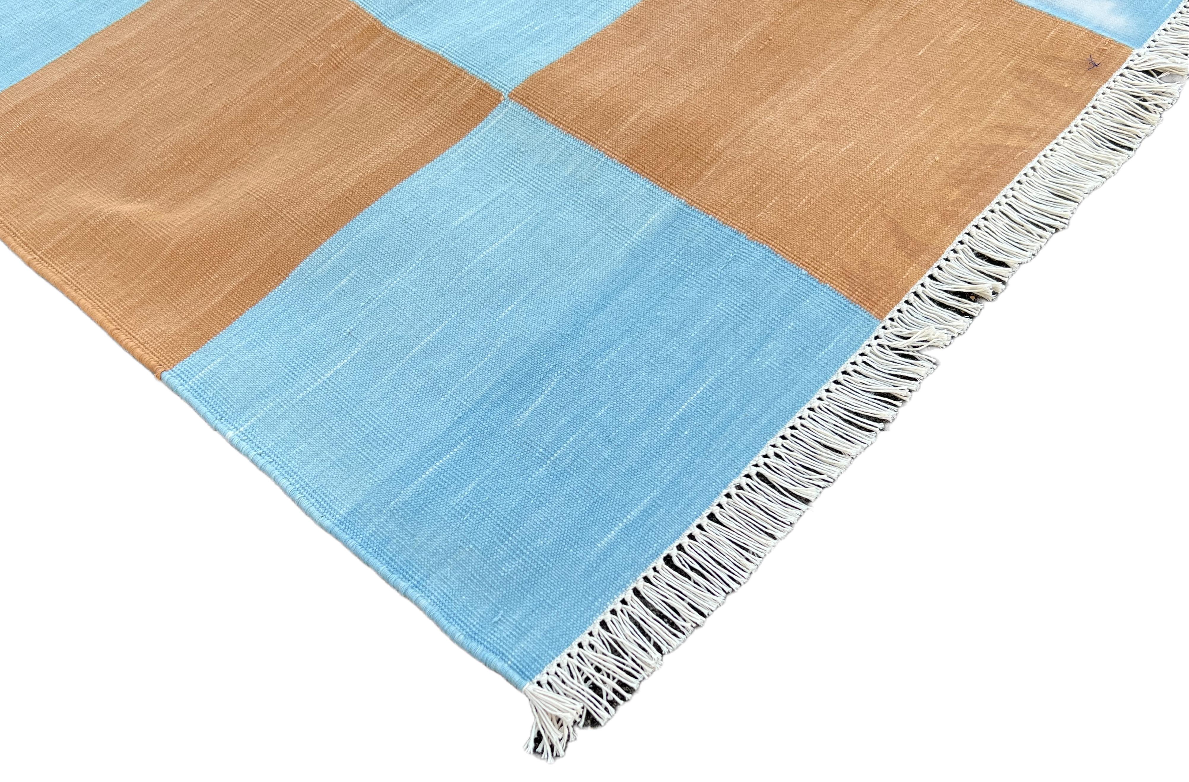 Mid-Century Modern Handmade Cotton Area Flat Weave Rug, 4x6 Blue And Tan Checked Indian Dhurrie Rug For Sale