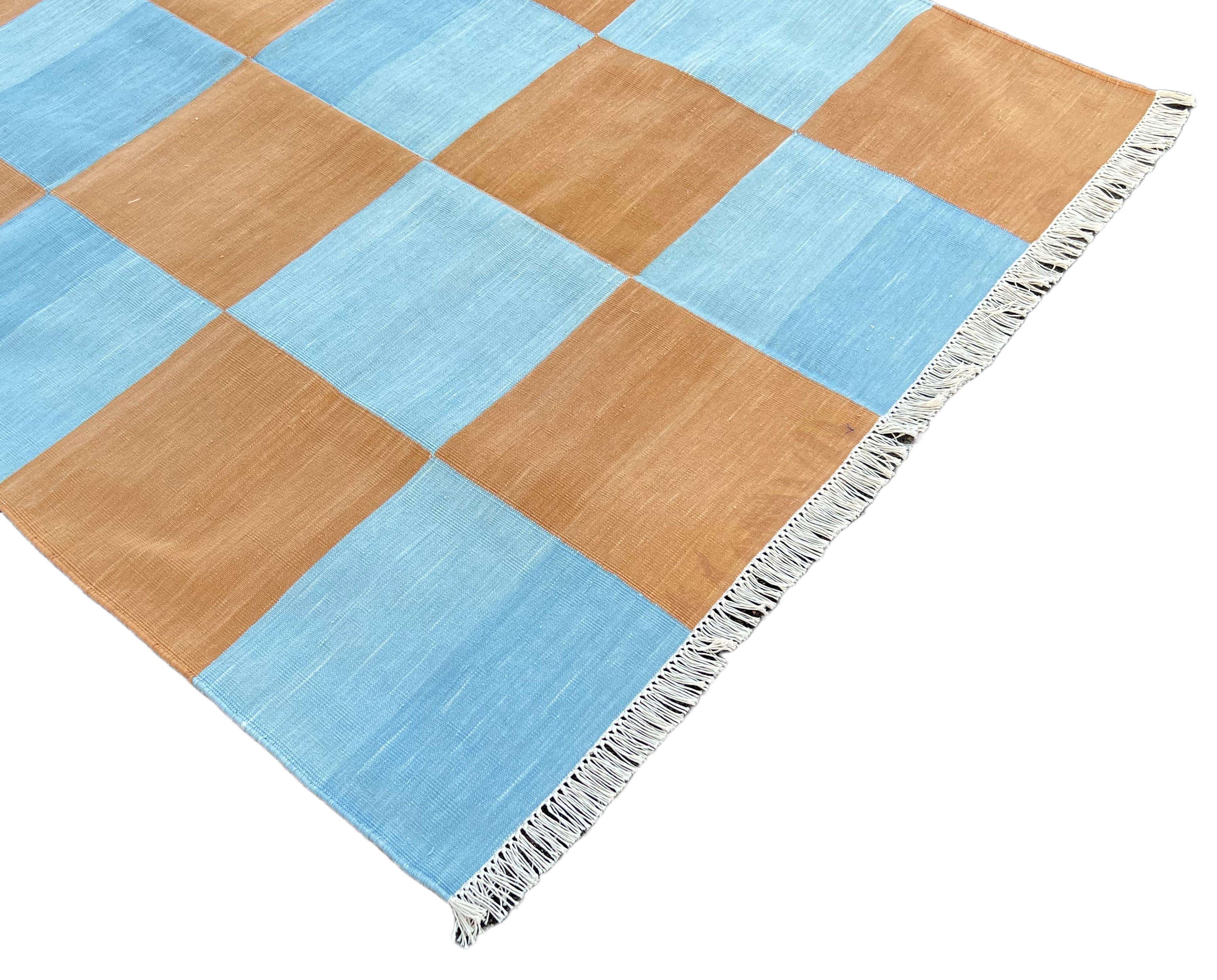 Hand-Woven Handmade Cotton Area Flat Weave Rug, 4x6 Blue And Tan Checked Indian Dhurrie Rug For Sale