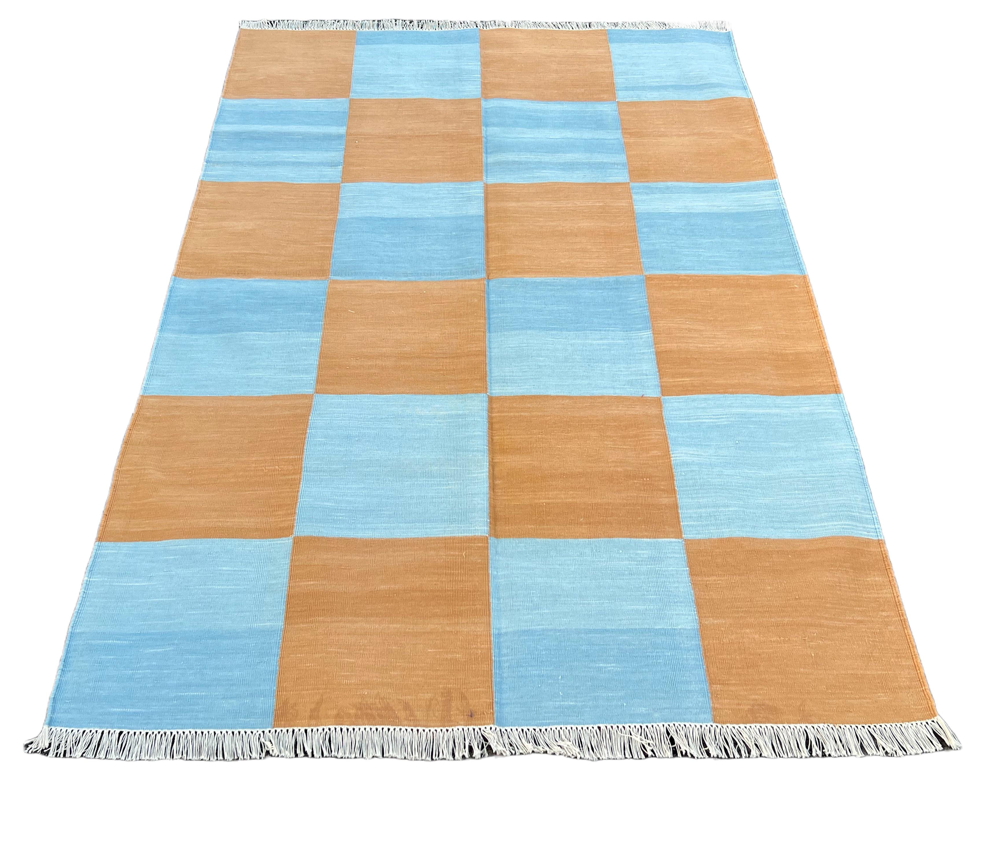 Contemporary Handmade Cotton Area Flat Weave Rug, 4x6 Blue And Tan Checked Indian Dhurrie Rug For Sale