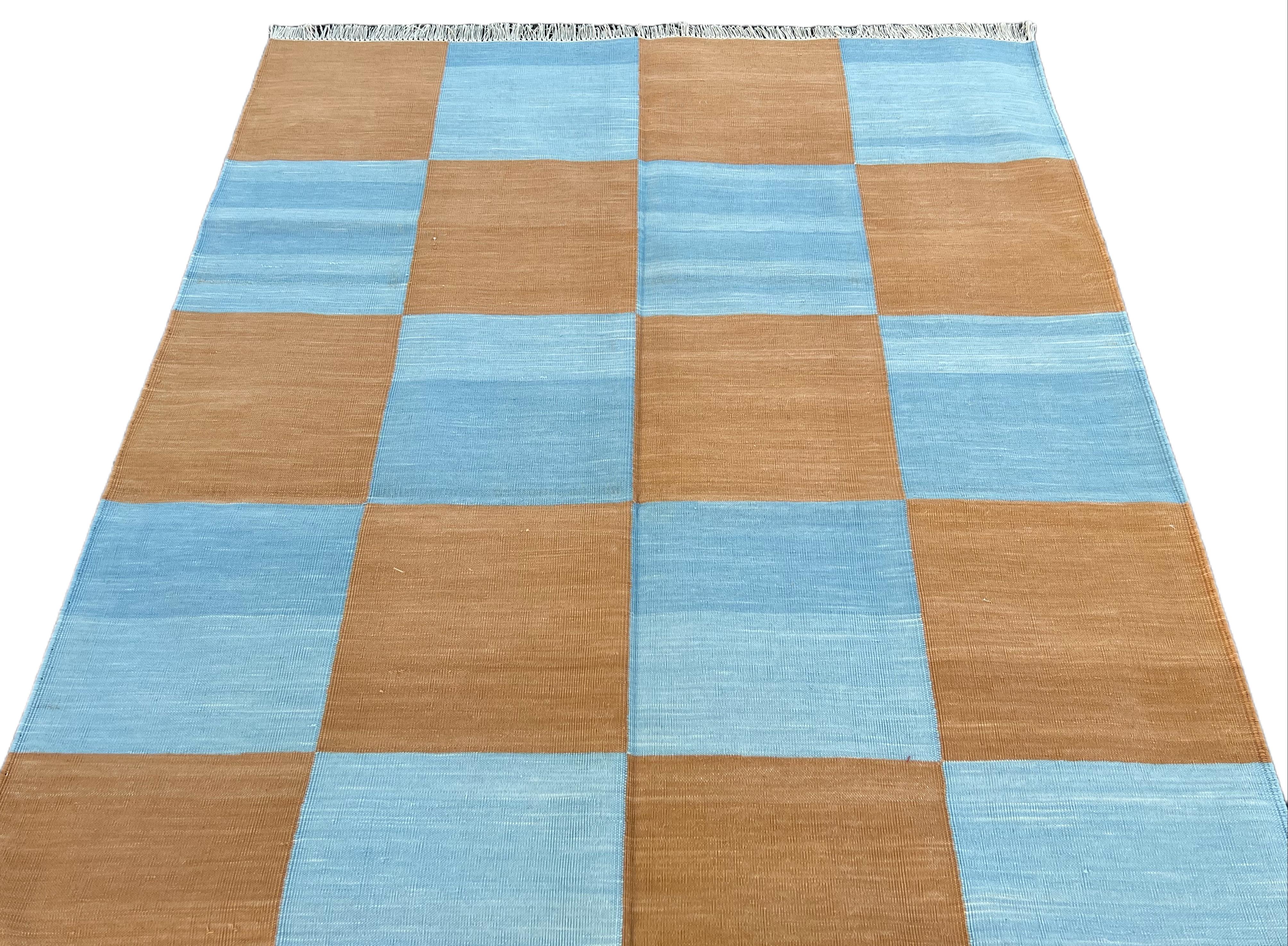 Handmade Cotton Area Flat Weave Rug, 4x6 Blue And Tan Checked Indian Dhurrie Rug For Sale 1