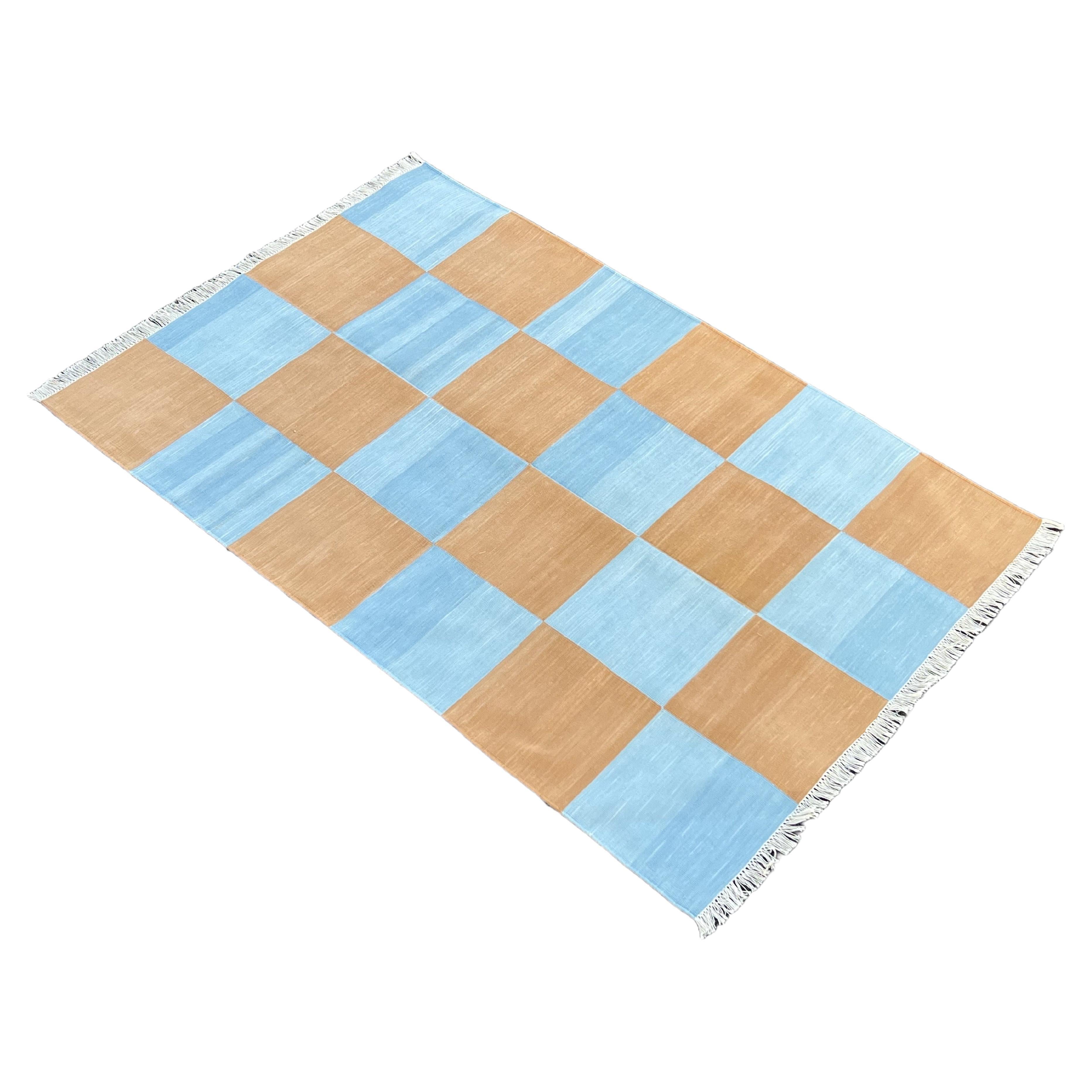 Handmade Cotton Area Flat Weave Rug, 4x6 Blue And Tan Checked Indian Dhurrie Rug For Sale