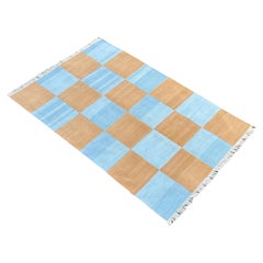 Handmade Cotton Area Flat Weave Rug, 4x6 Blue And Tan Checked Indian Dhurrie Rug