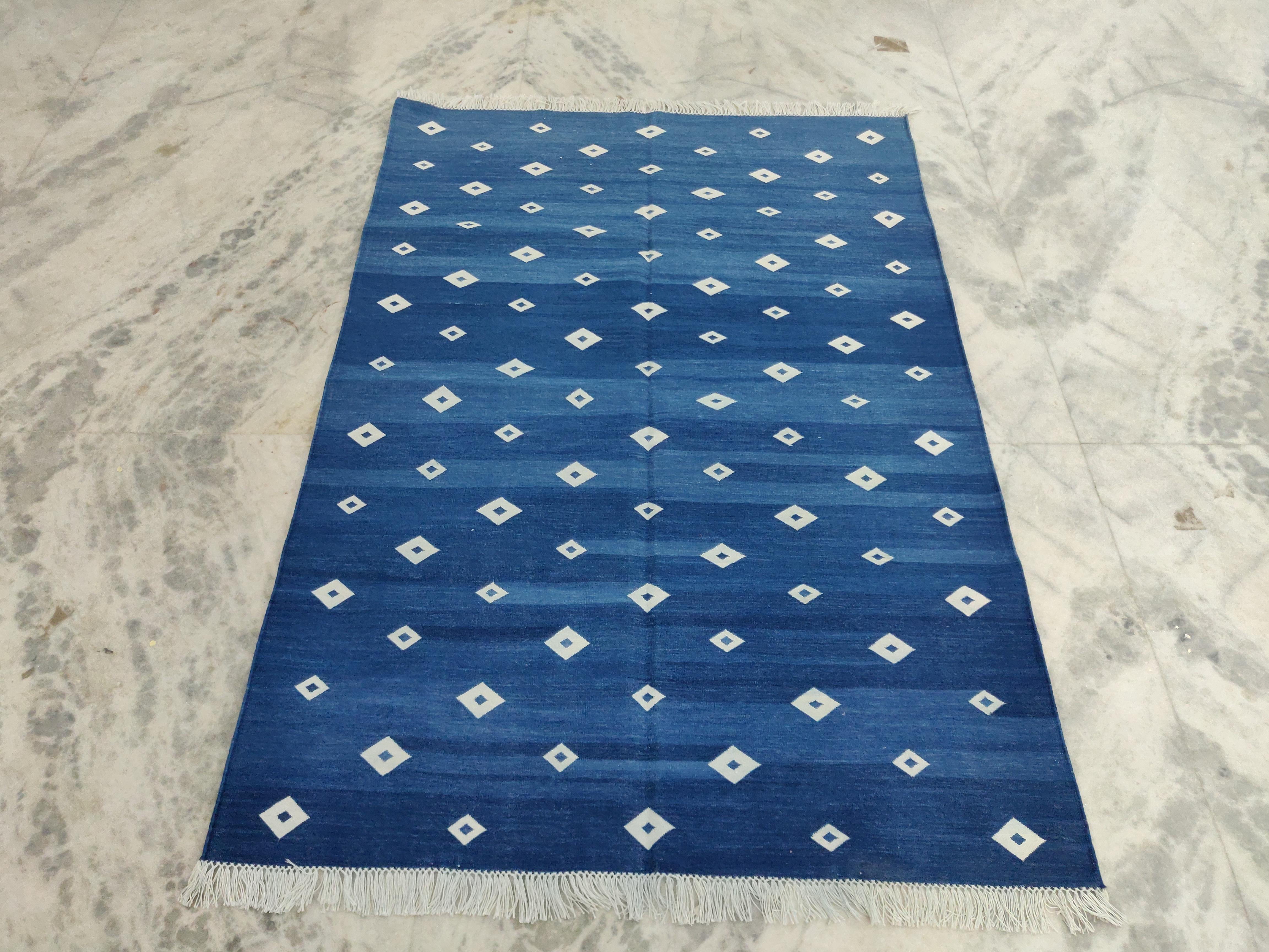Mid-Century Modern Handmade Cotton Area Flat Weave Rug, 4x6 Blue And White Diamond Indian Dhurrie For Sale