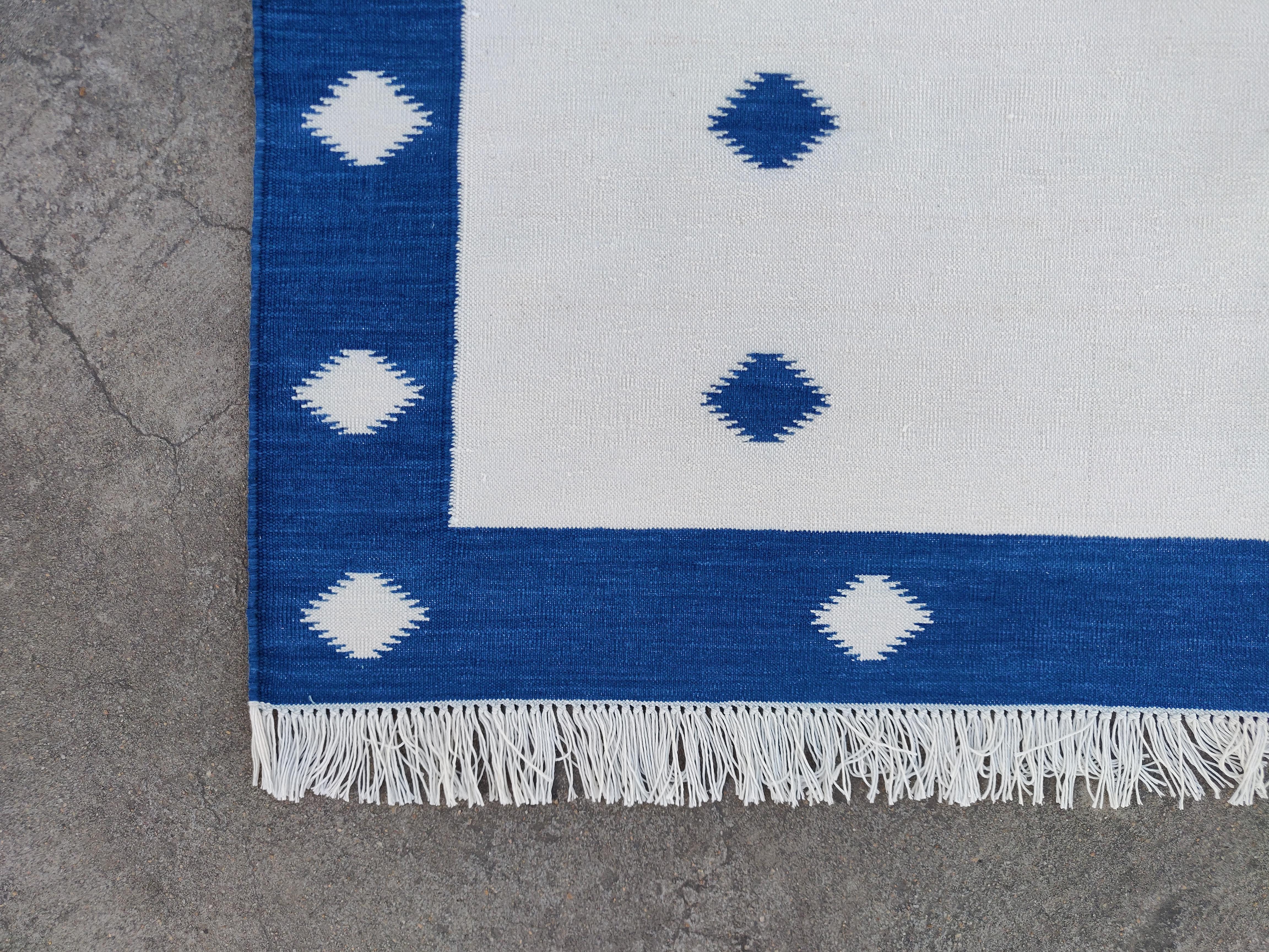 Handmade Cotton Area Flat Weave Rug, 4x6 Blue And White Diamond Indian Dhurrie For Sale 1