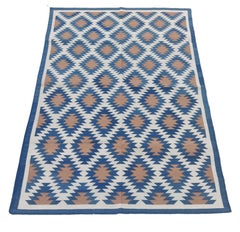 Handmade Cotton Area Flat Weave Rug, 4x6 Blue And White Geometric Indian Dhurrie